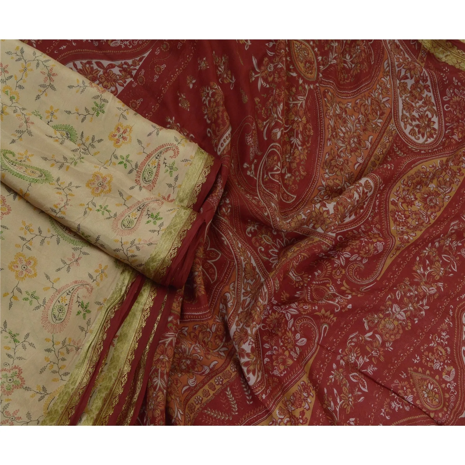 Sanskriti Vintage Sarees Ivory Zari Border Pure Silk Printed Sari Craft Fabric