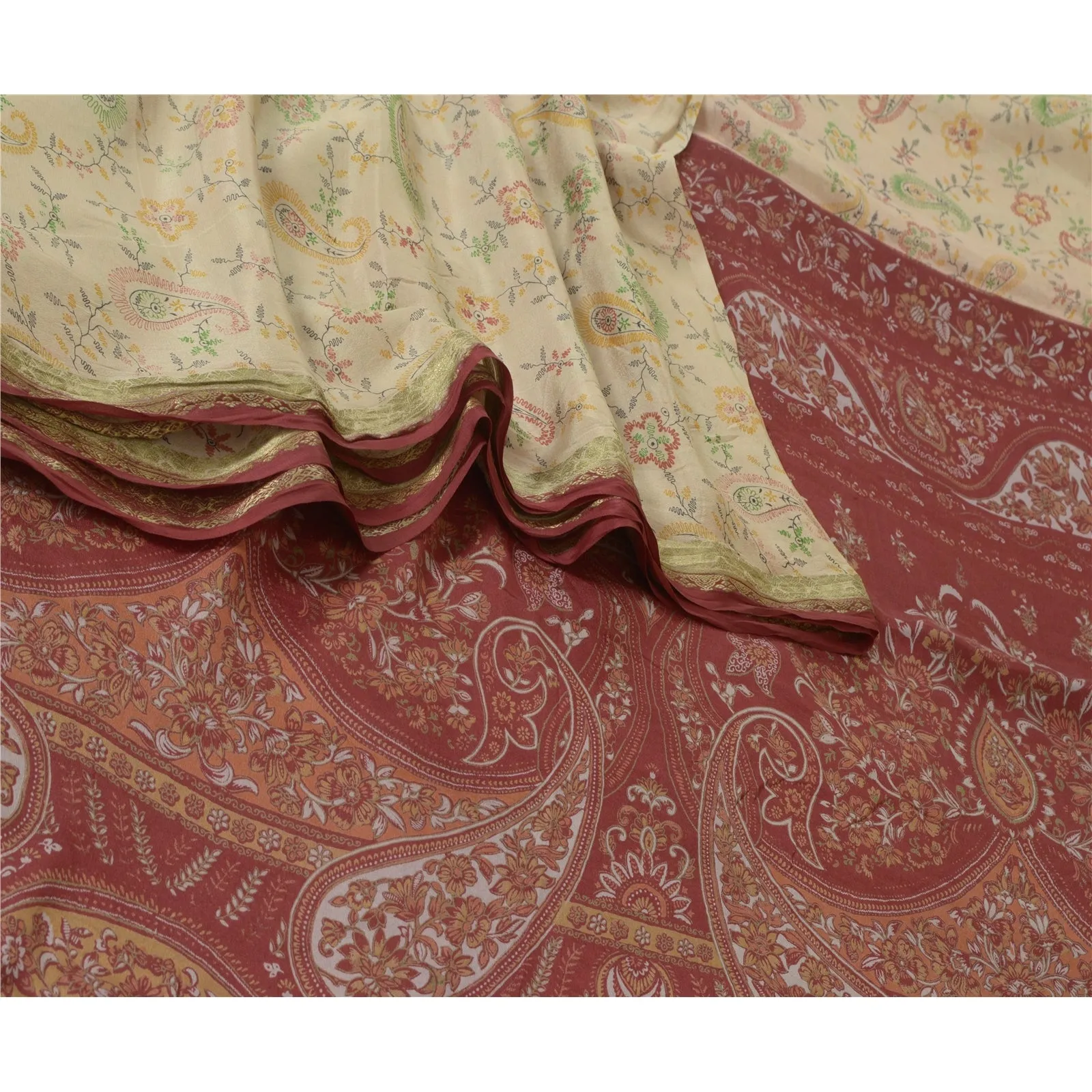 Sanskriti Vintage Sarees Ivory Zari Border Pure Silk Printed Sari Craft Fabric