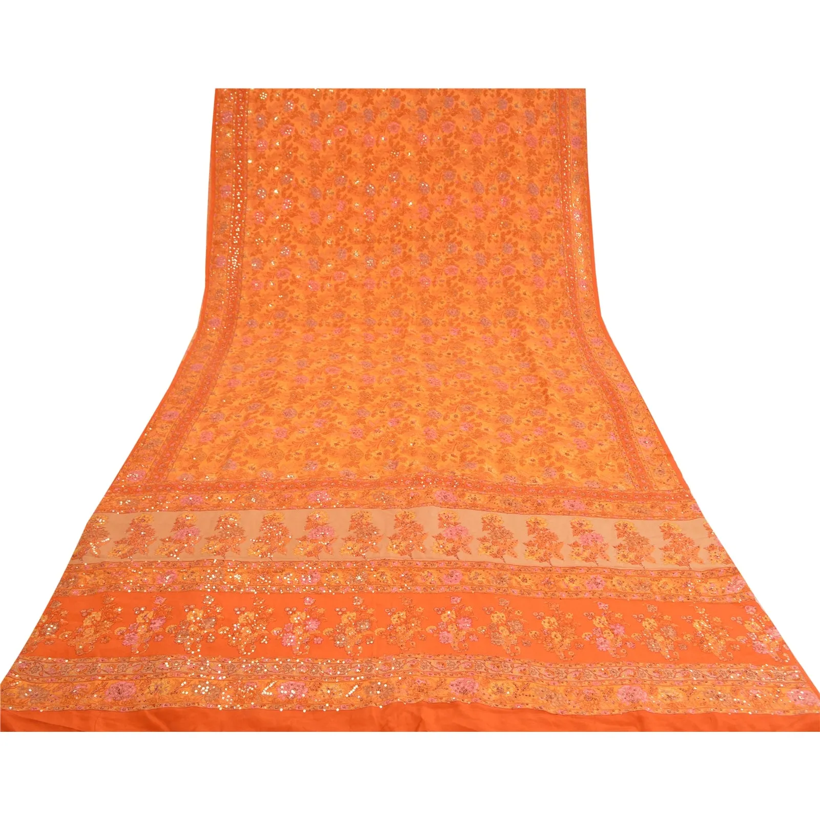 Sanskriti Vintage Sarees Orange/Saffron Hand Beaded Print Pure Crepe Sari Fabric