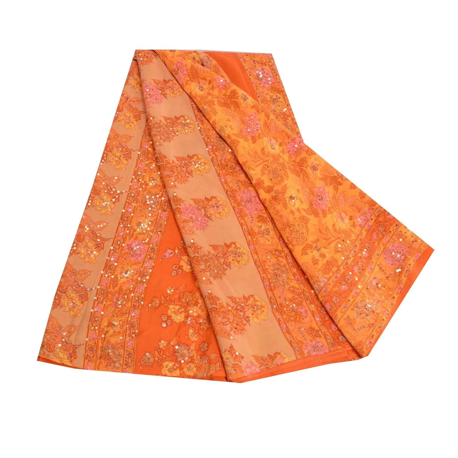 Sanskriti Vintage Sarees Orange/Saffron Hand Beaded Print Pure Crepe Sari Fabric