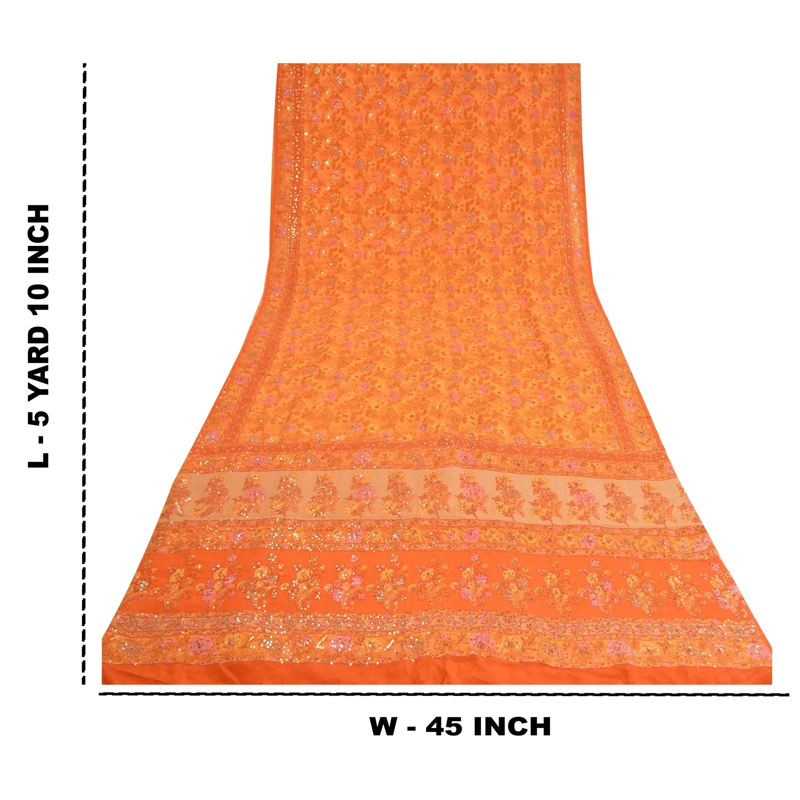 Sanskriti Vintage Sarees Orange/Saffron Hand Beaded Print Pure Crepe Sari Fabric