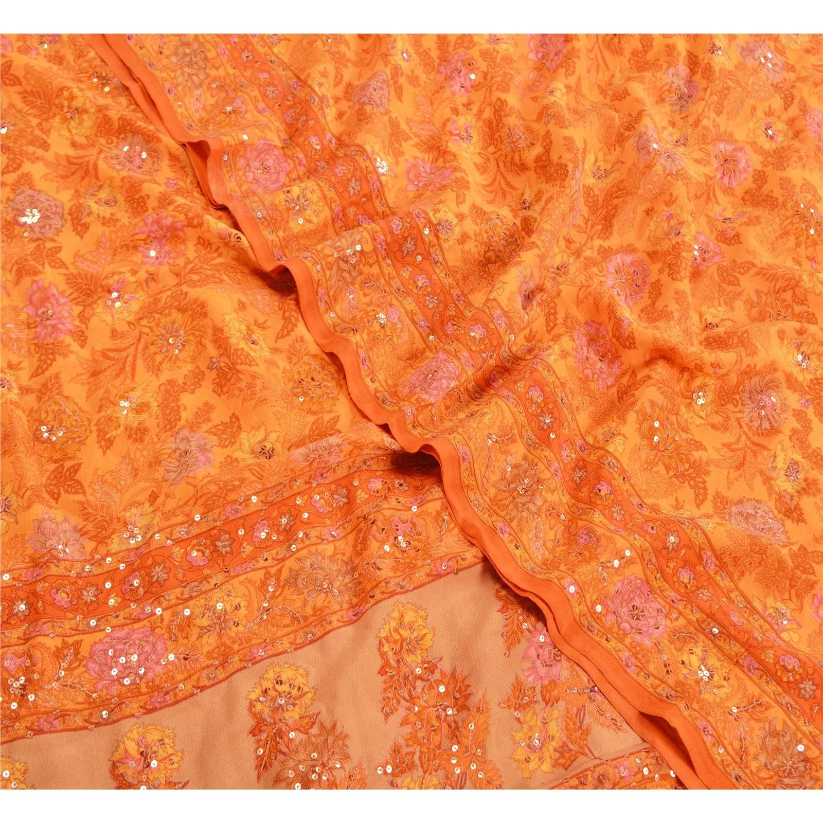 Sanskriti Vintage Sarees Orange/Saffron Hand Beaded Print Pure Crepe Sari Fabric