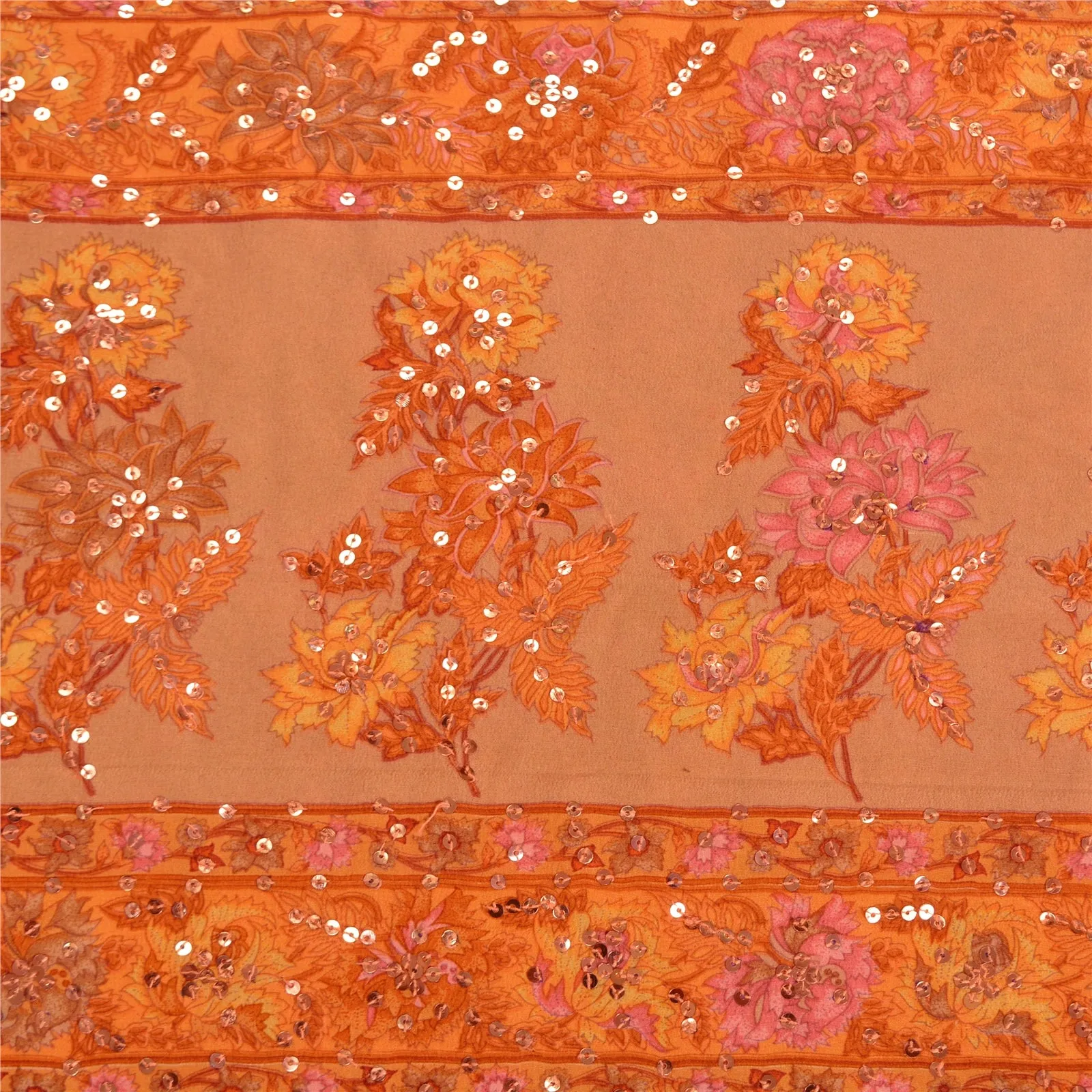 Sanskriti Vintage Sarees Orange/Saffron Hand Beaded Print Pure Crepe Sari Fabric