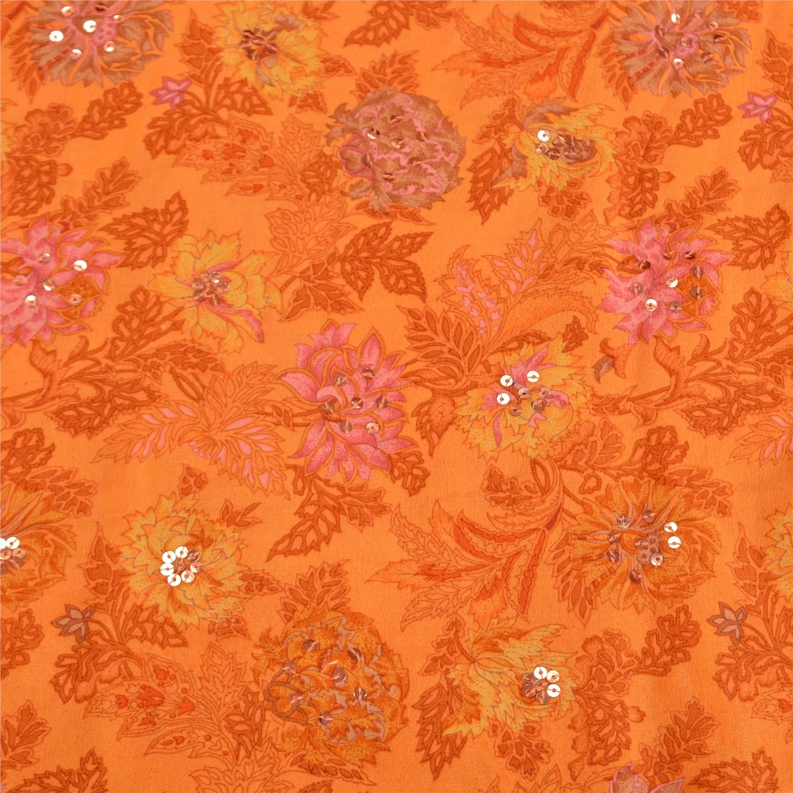 Sanskriti Vintage Sarees Orange/Saffron Hand Beaded Print Pure Crepe Sari Fabric