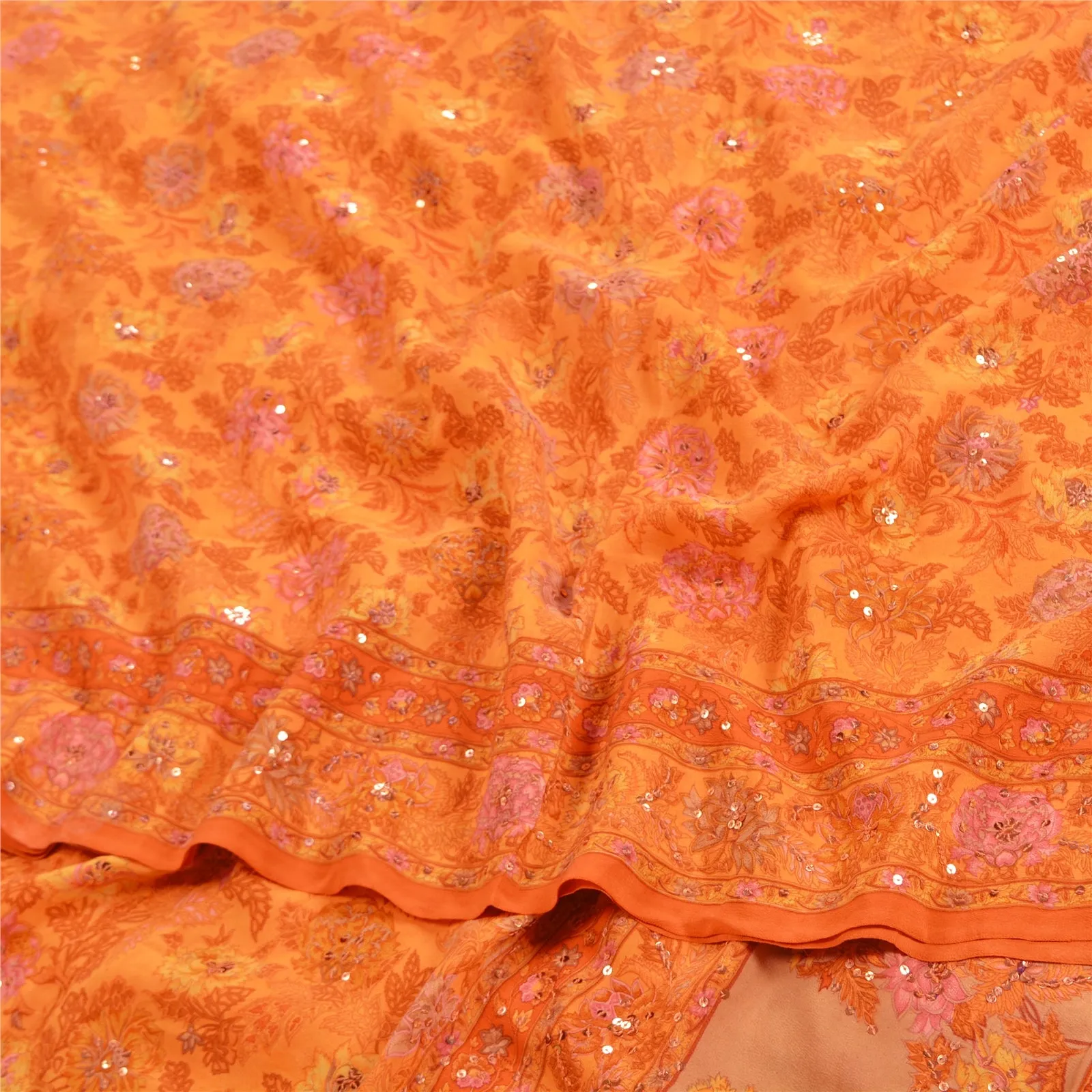 Sanskriti Vintage Sarees Orange/Saffron Hand Beaded Print Pure Crepe Sari Fabric