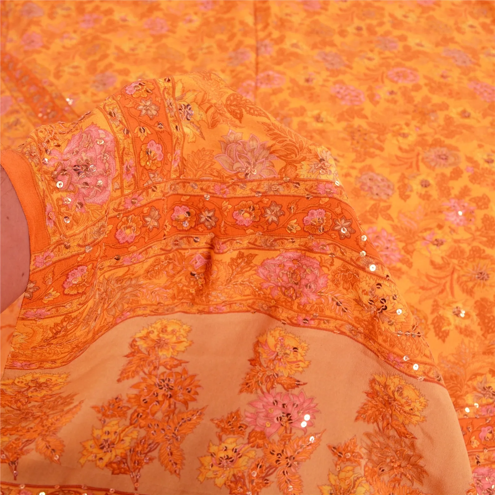 Sanskriti Vintage Sarees Orange/Saffron Hand Beaded Print Pure Crepe Sari Fabric