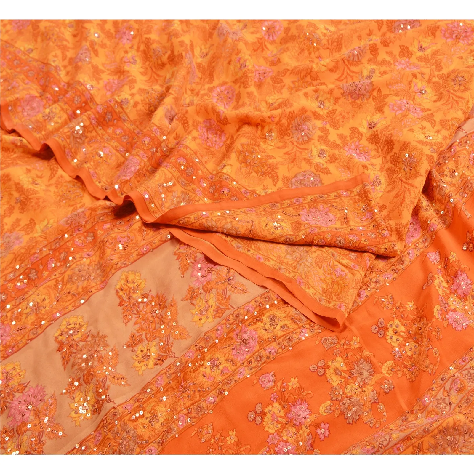 Sanskriti Vintage Sarees Orange/Saffron Hand Beaded Print Pure Crepe Sari Fabric