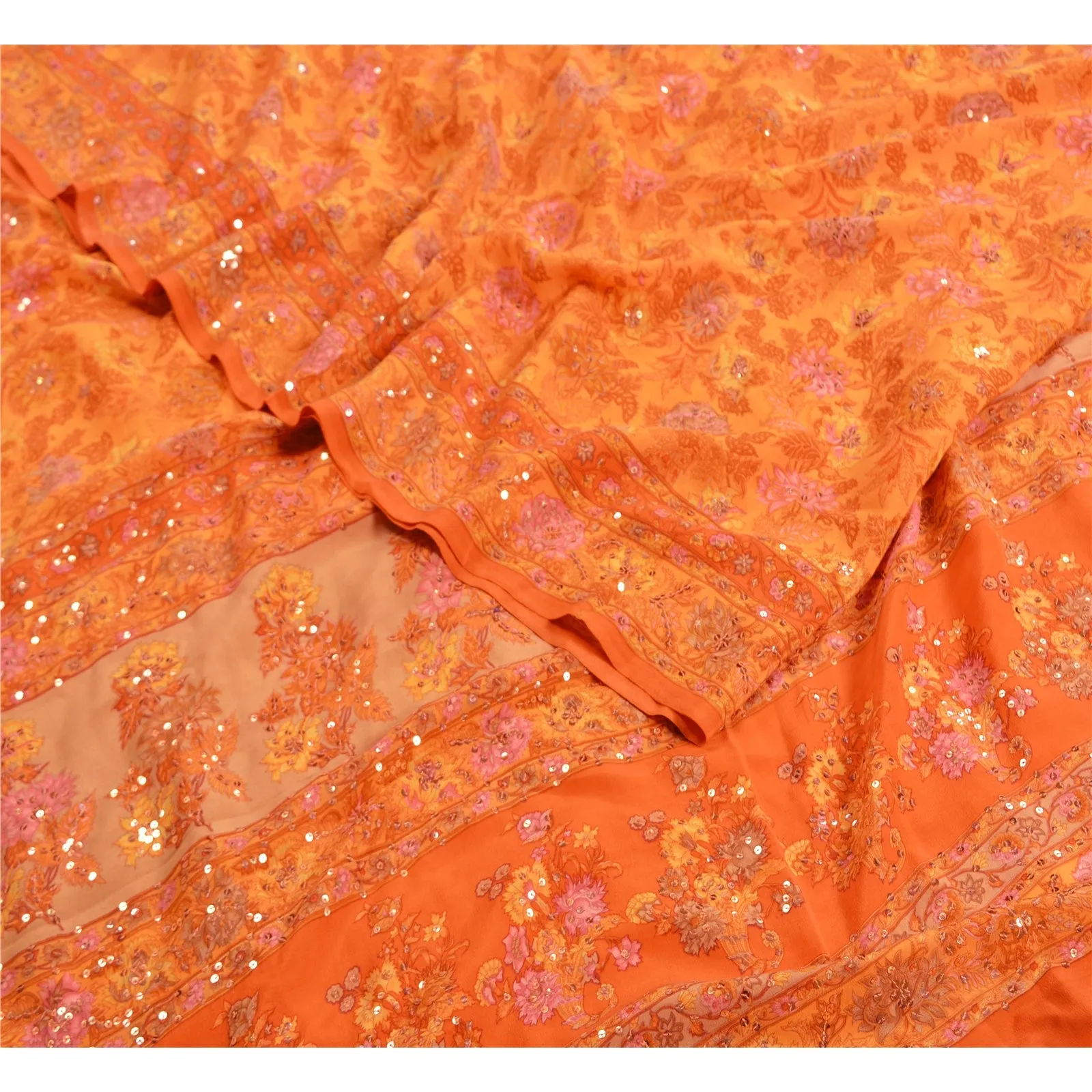 Sanskriti Vintage Sarees Orange/Saffron Hand Beaded Print Pure Crepe Sari Fabric