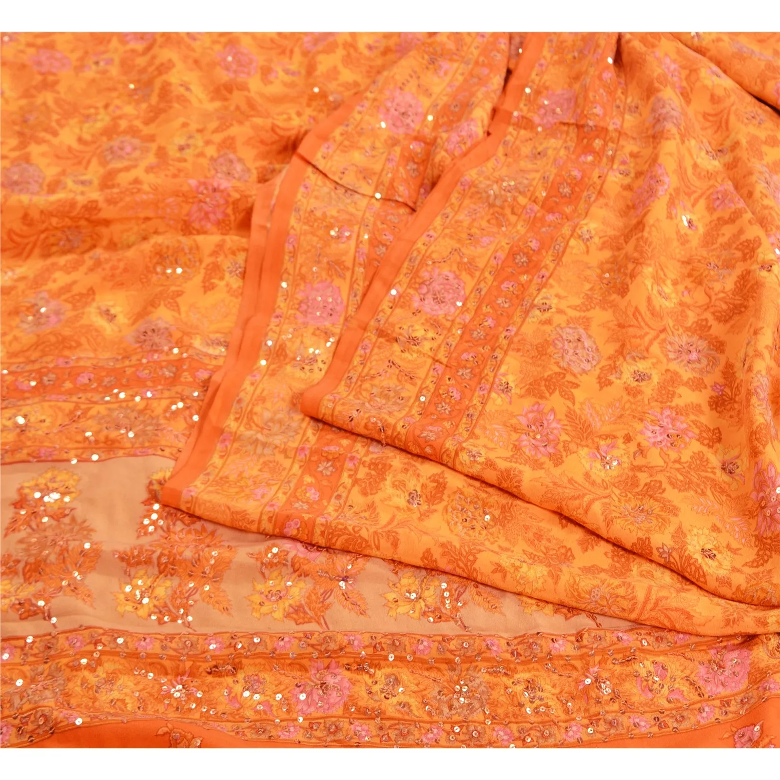 Sanskriti Vintage Sarees Orange/Saffron Hand Beaded Print Pure Crepe Sari Fabric