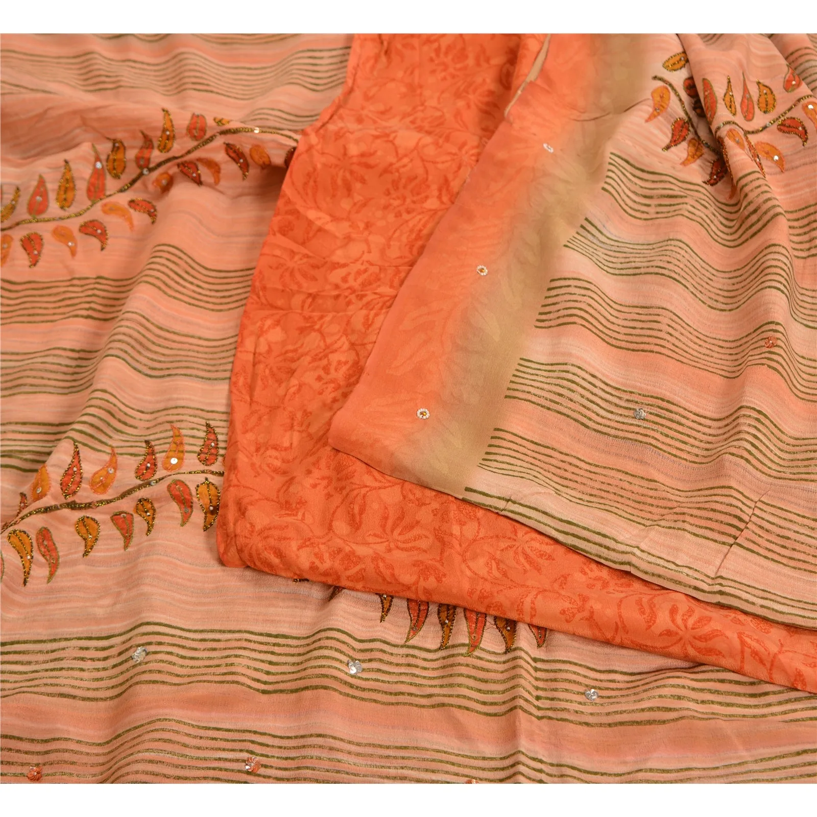 Sanskriti Vintage Sarees Peach Hand Beaded Pure Crepe Silk Printed Sari Fabric