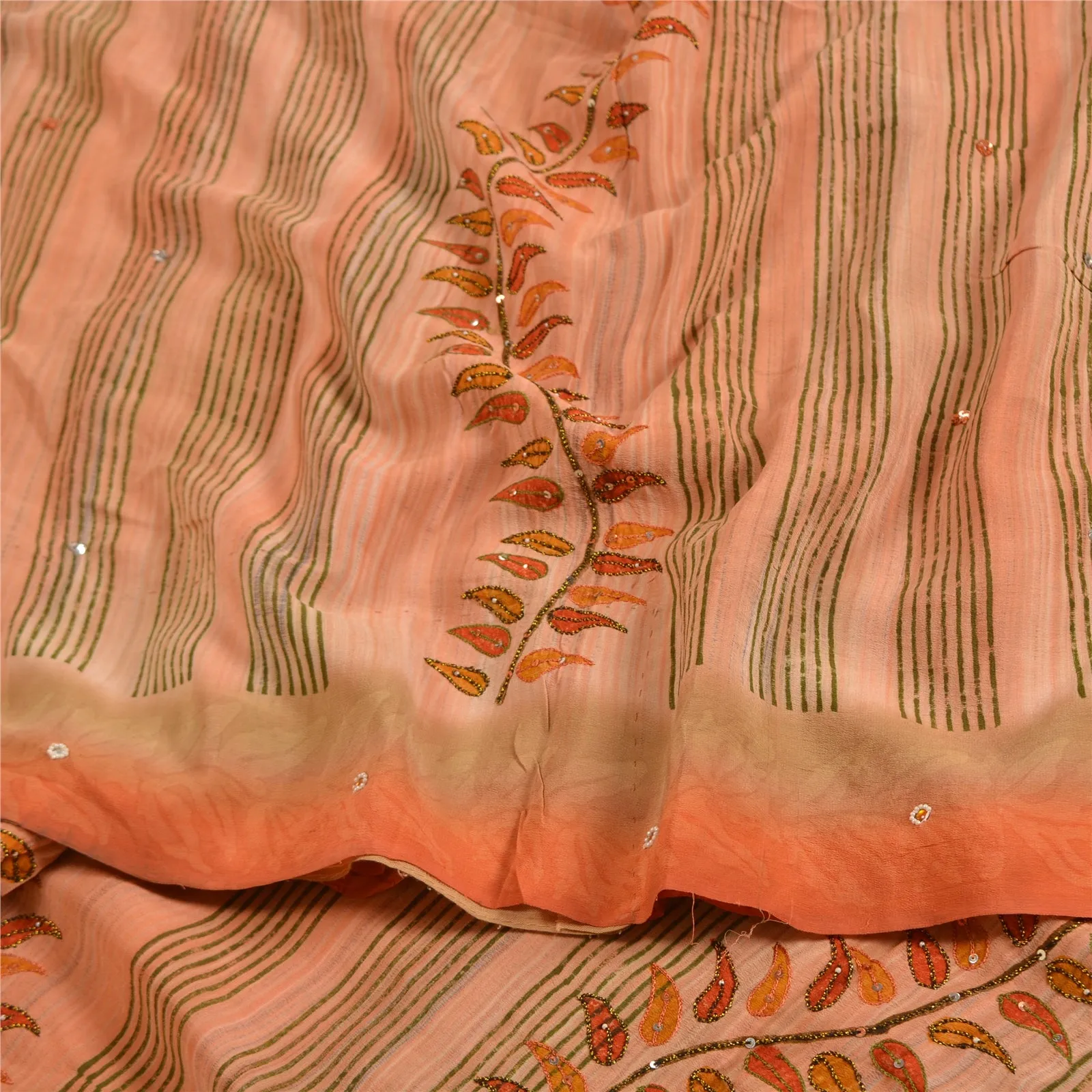 Sanskriti Vintage Sarees Peach Hand Beaded Pure Crepe Silk Printed Sari Fabric