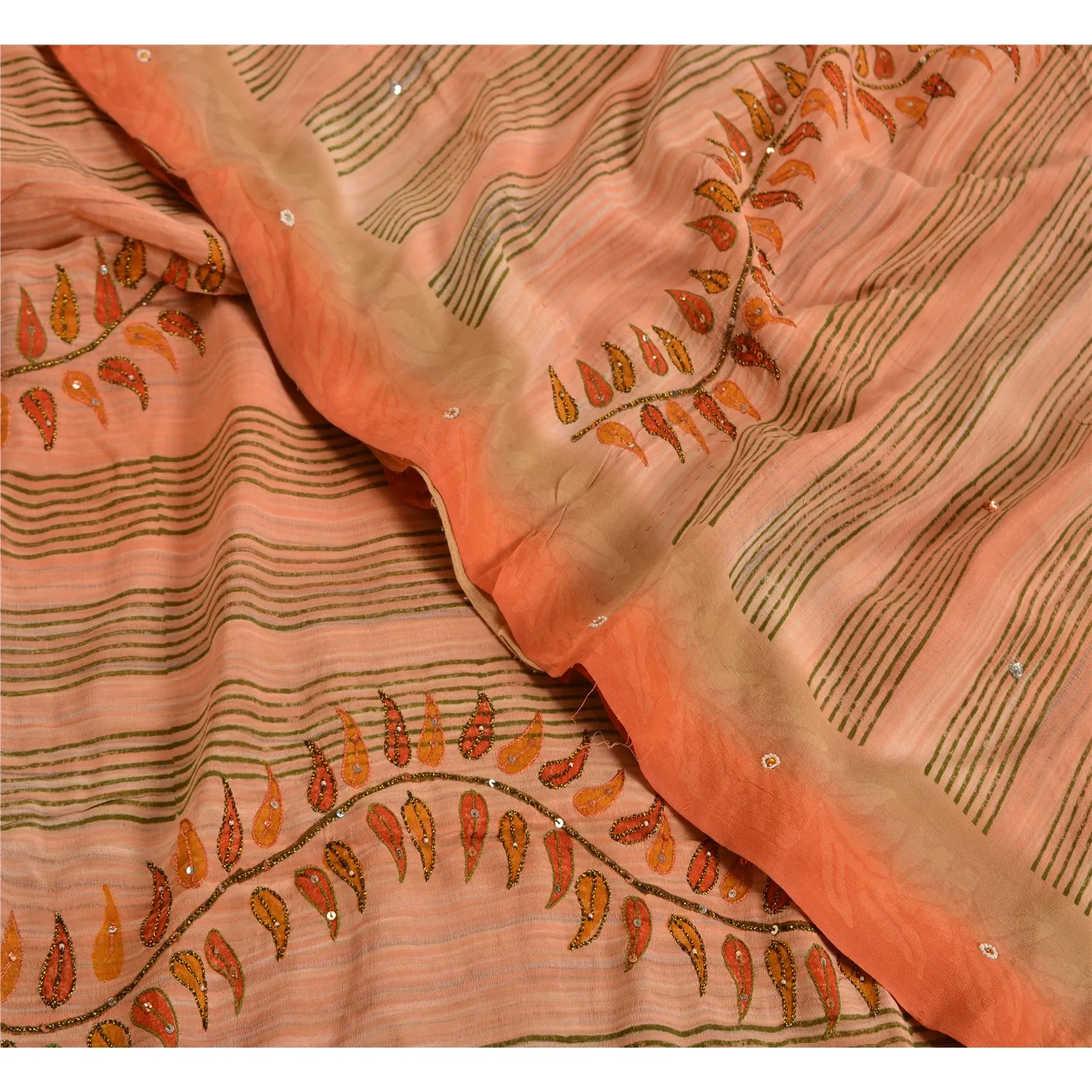 Sanskriti Vintage Sarees Peach Hand Beaded Pure Crepe Silk Printed Sari Fabric