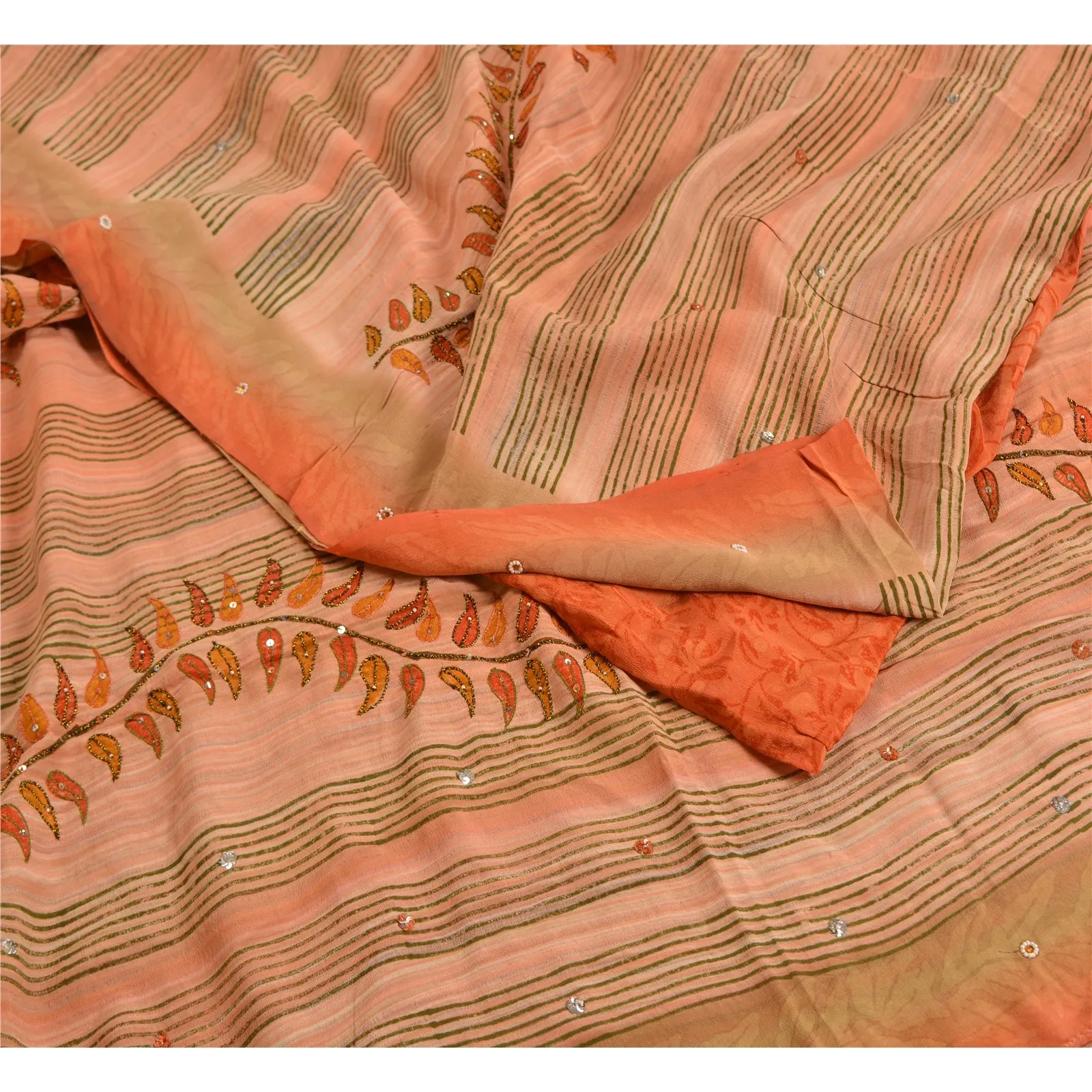 Sanskriti Vintage Sarees Peach Hand Beaded Pure Crepe Silk Printed Sari Fabric