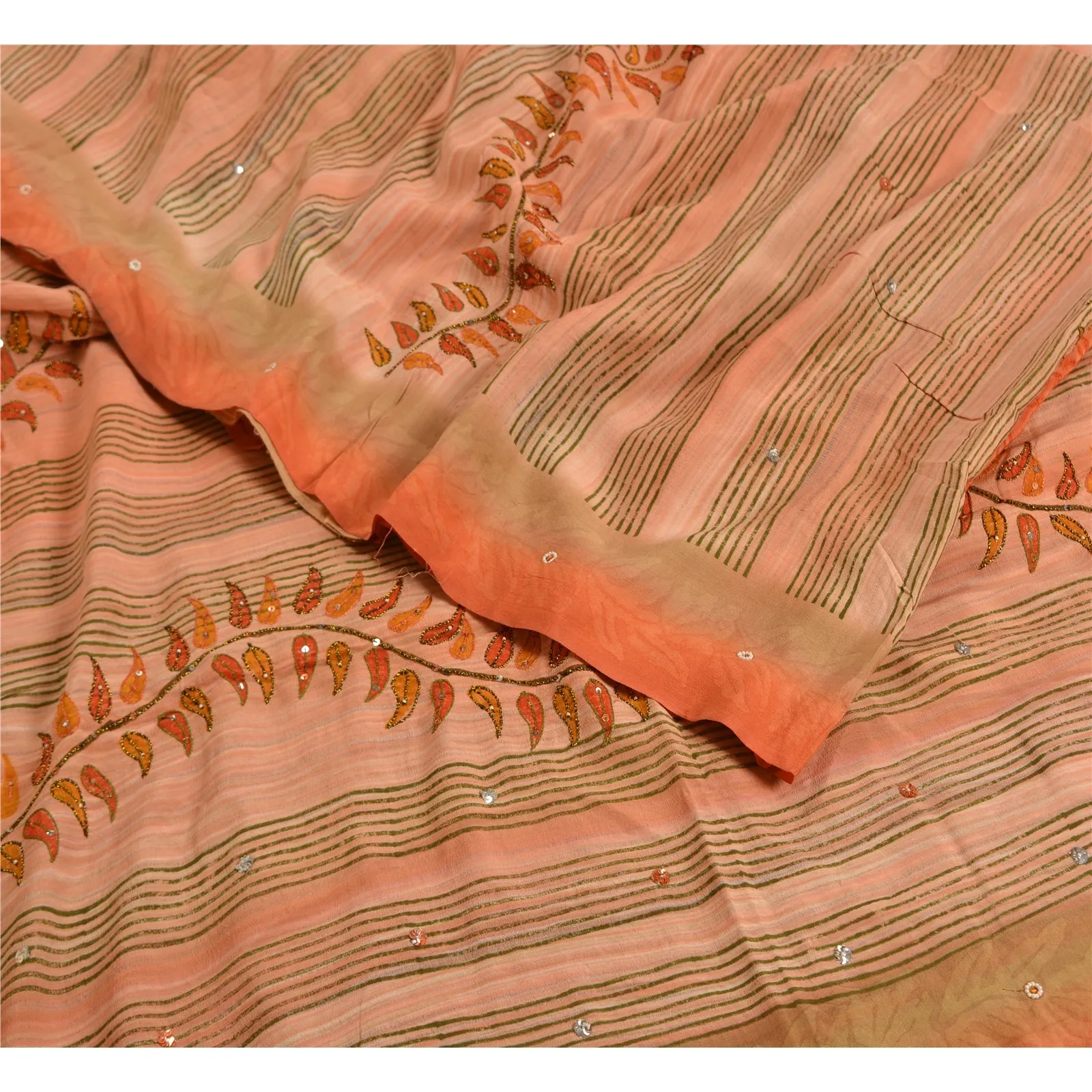 Sanskriti Vintage Sarees Peach Hand Beaded Pure Crepe Silk Printed Sari Fabric