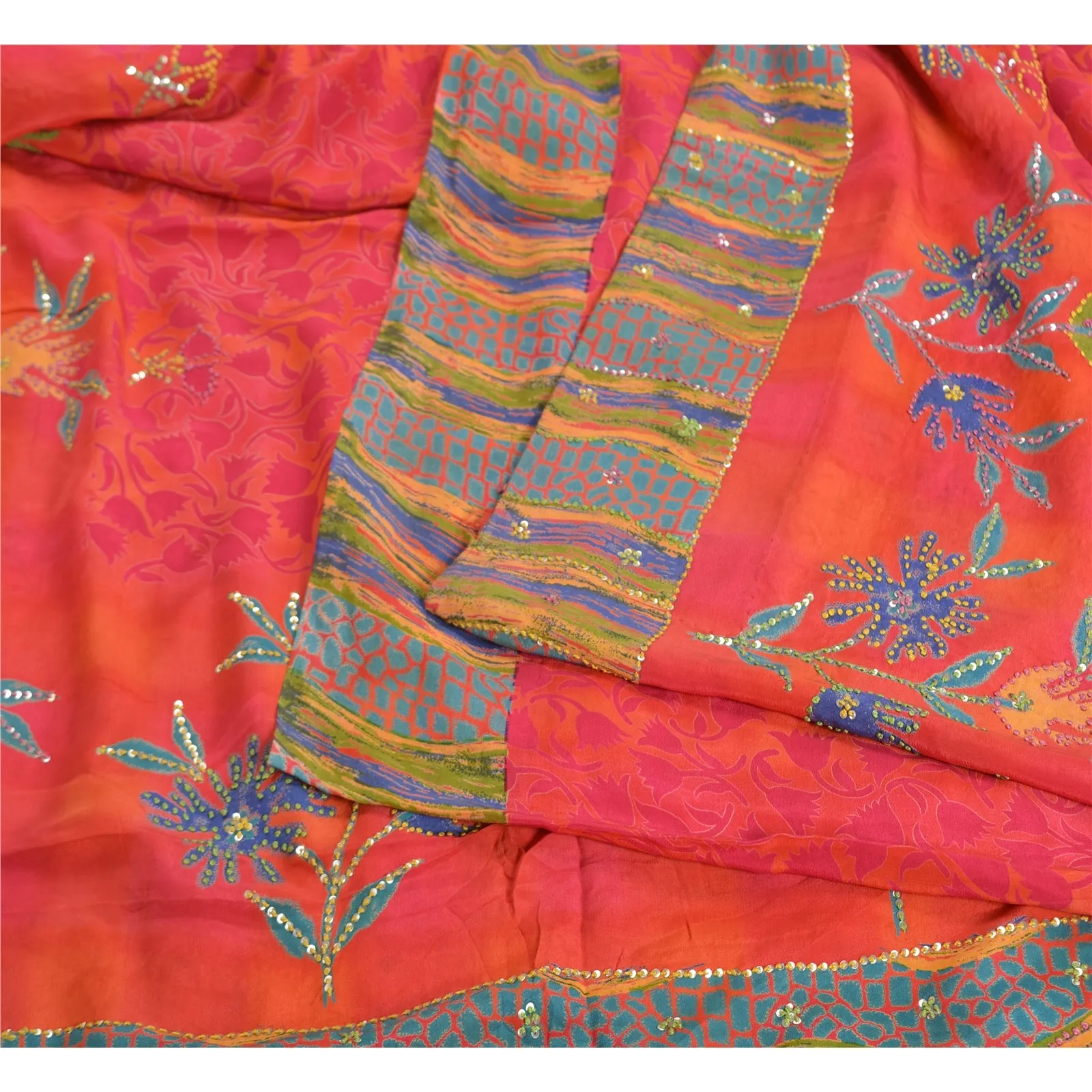 Sanskriti Vintage Sarees Red Hand Beaded Printed Pure Crepe Silk Sari 5yd Fabric