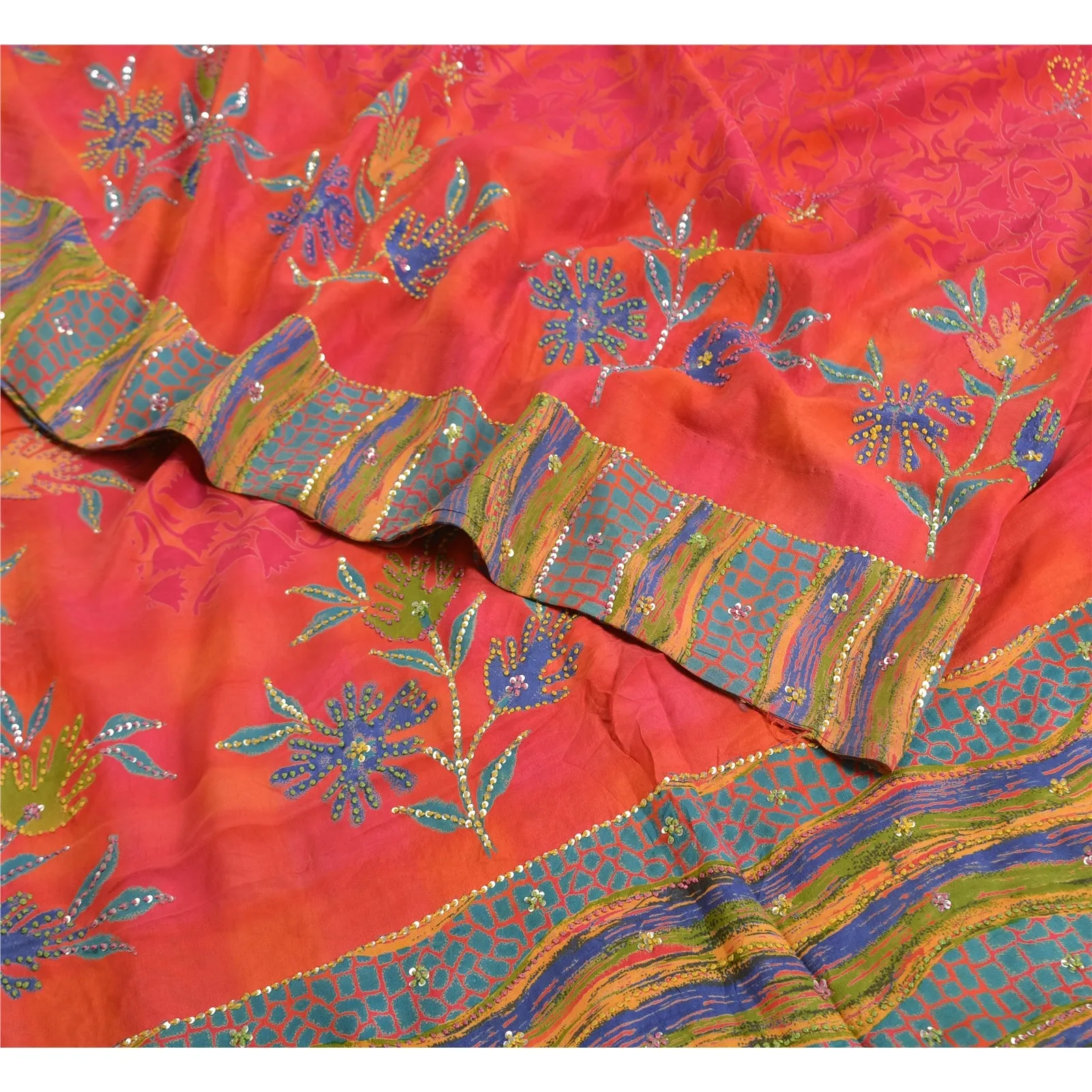 Sanskriti Vintage Sarees Red Hand Beaded Printed Pure Crepe Silk Sari 5yd Fabric