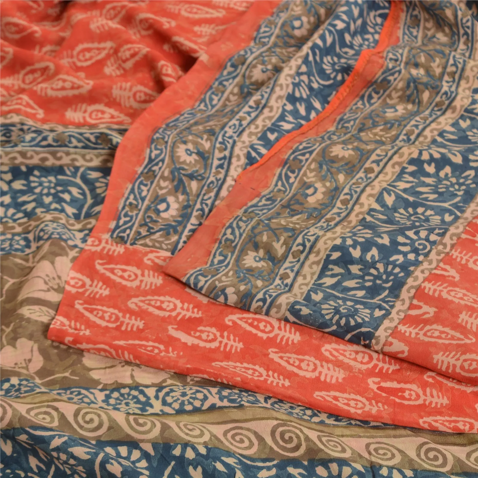 Sanskriti Vintage Sarees Red Hand Block Printed Pure Crepe Silk Sari Soft Fabric