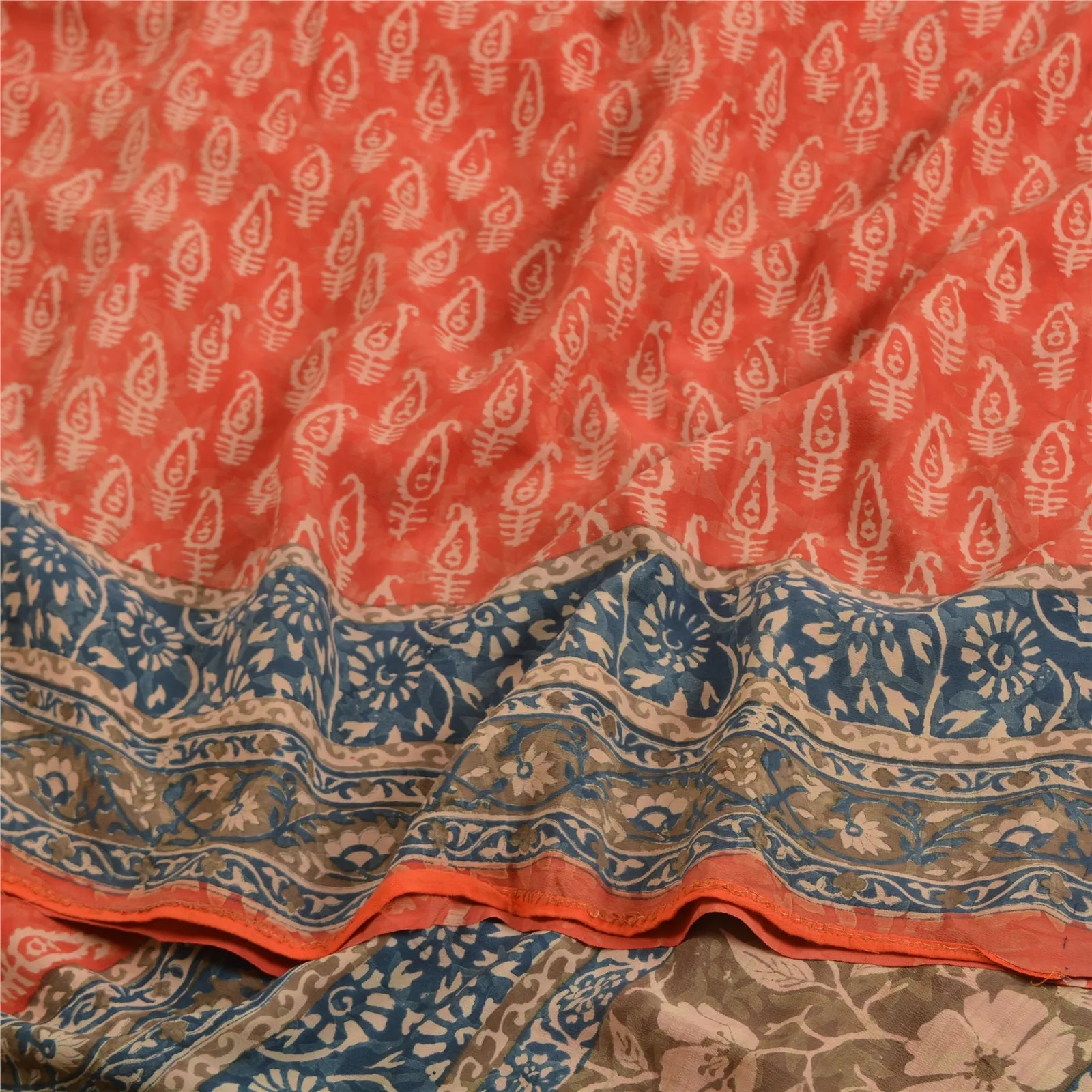 Sanskriti Vintage Sarees Red Hand Block Printed Pure Crepe Silk Sari Soft Fabric