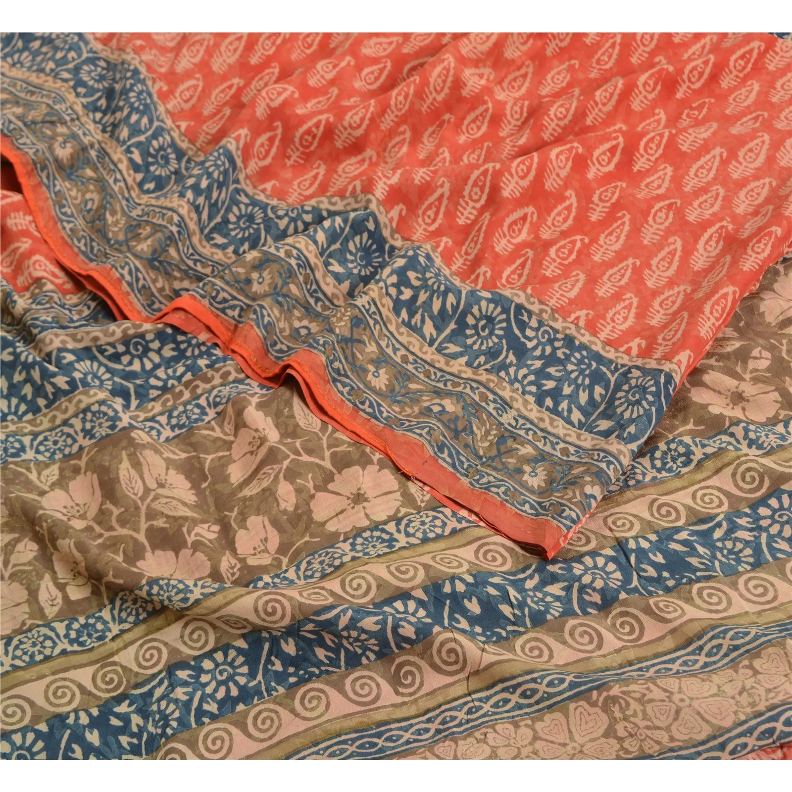 Sanskriti Vintage Sarees Red Hand Block Printed Pure Crepe Silk Sari Soft Fabric