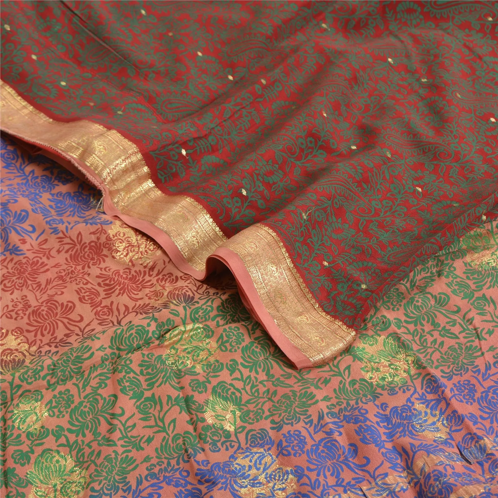 Sanskriti Vintage Sarees Red Zari Woven Pure Crepe Silk Print Sari Craft Fabric