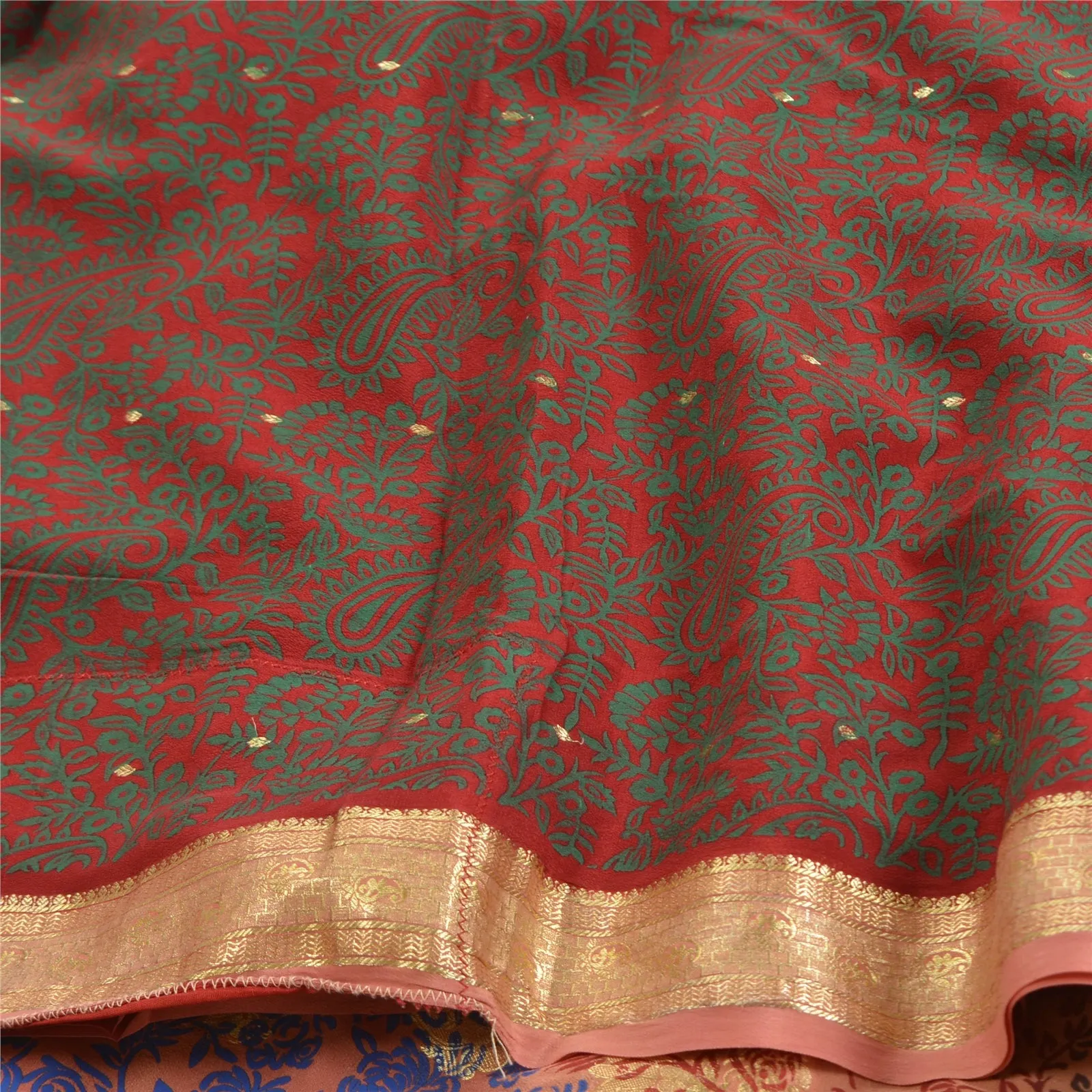 Sanskriti Vintage Sarees Red Zari Woven Pure Crepe Silk Print Sari Craft Fabric