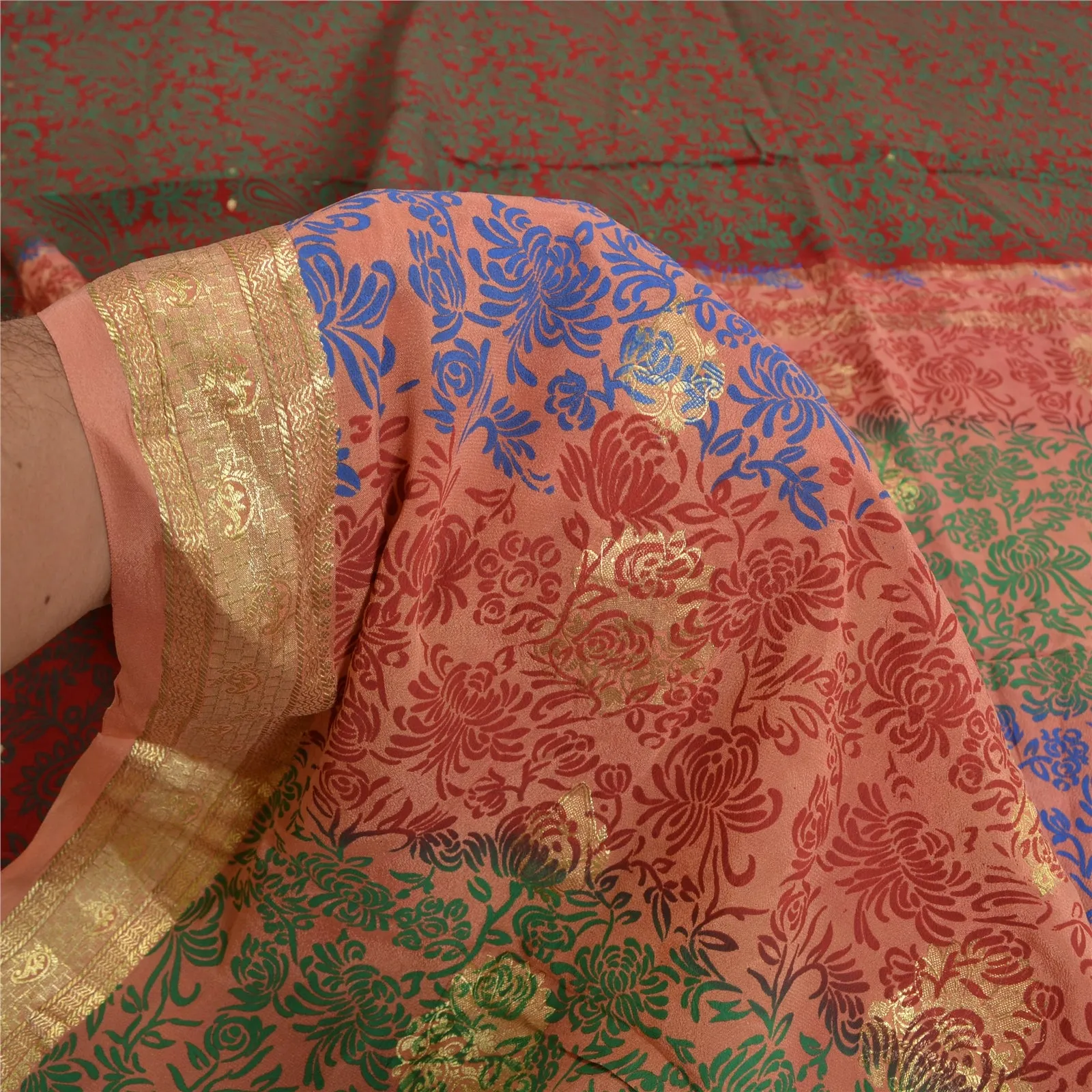 Sanskriti Vintage Sarees Red Zari Woven Pure Crepe Silk Print Sari Craft Fabric