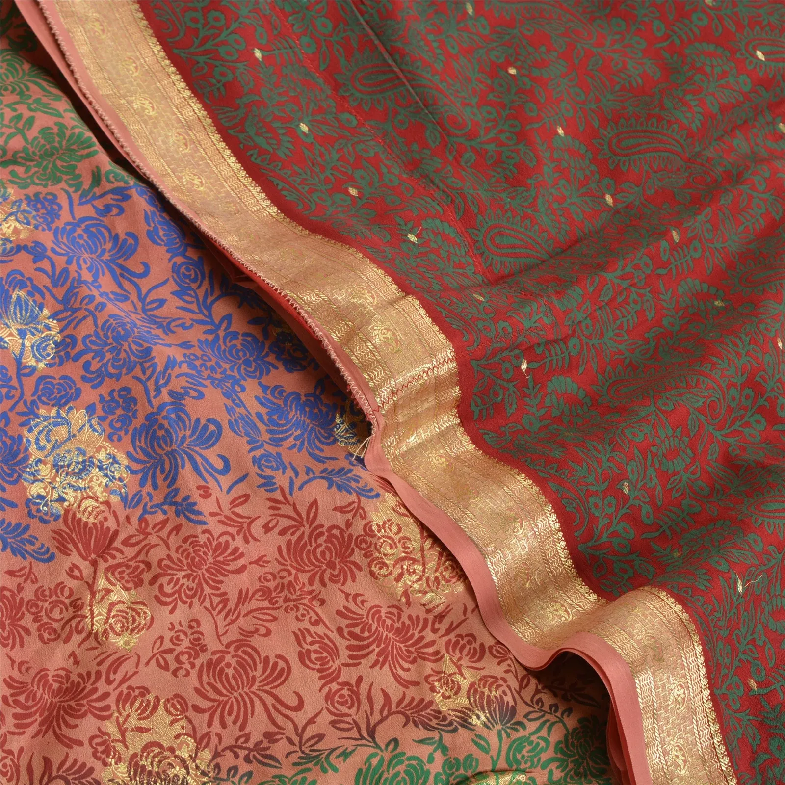 Sanskriti Vintage Sarees Red Zari Woven Pure Crepe Silk Print Sari Craft Fabric