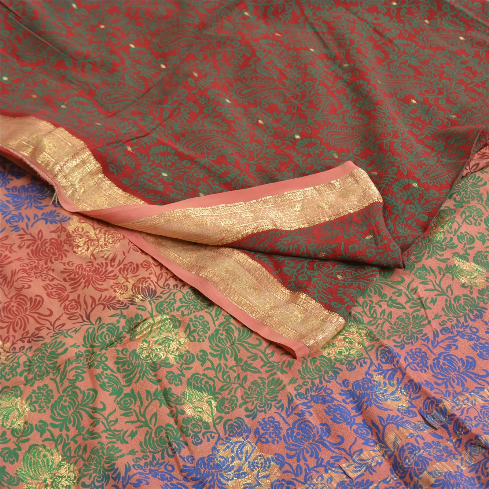 Sanskriti Vintage Sarees Red Zari Woven Pure Crepe Silk Print Sari Craft Fabric