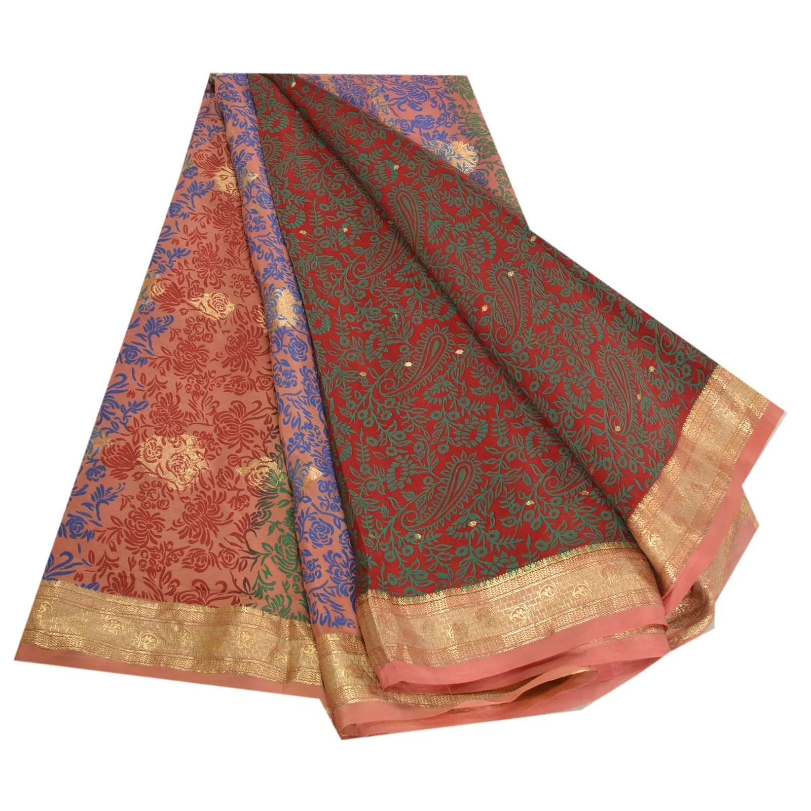 Sanskriti Vintage Sarees Red Zari Woven Pure Crepe Silk Print Sari Craft Fabric