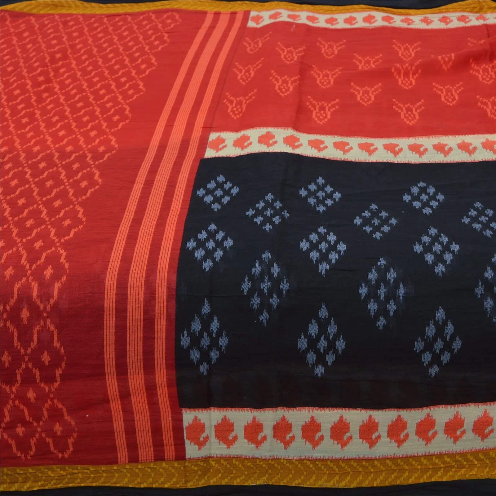 Sanskriti Vintage Sarees Red/Black Pure Cotton Ikat Print Sari 5yd Craft Fabric