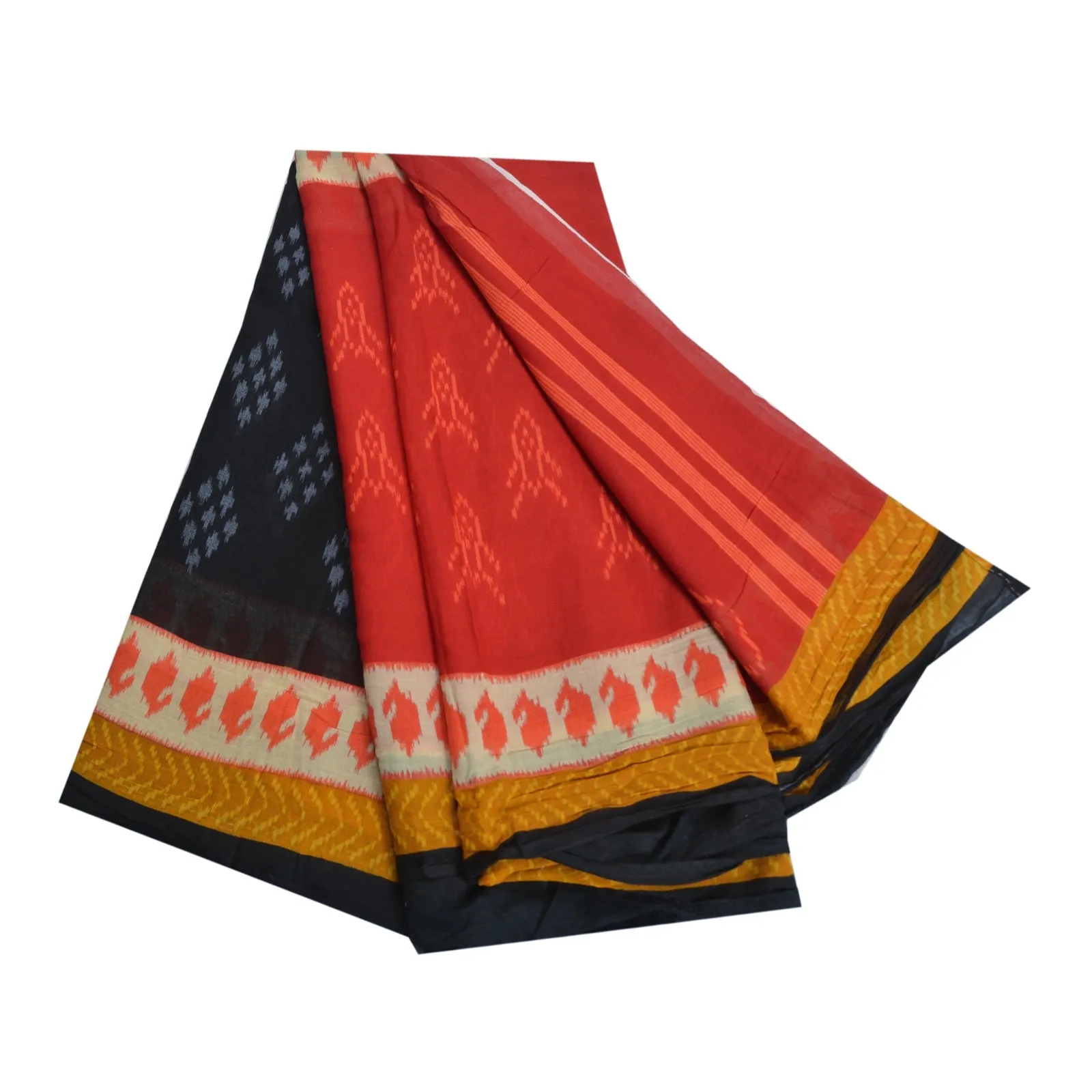 Sanskriti Vintage Sarees Red/Black Pure Cotton Ikat Print Sari 5yd Craft Fabric