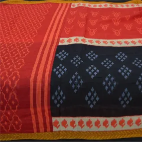 Sanskriti Vintage Sarees Red/Black Pure Cotton Ikat Print Sari 5yd Craft Fabric