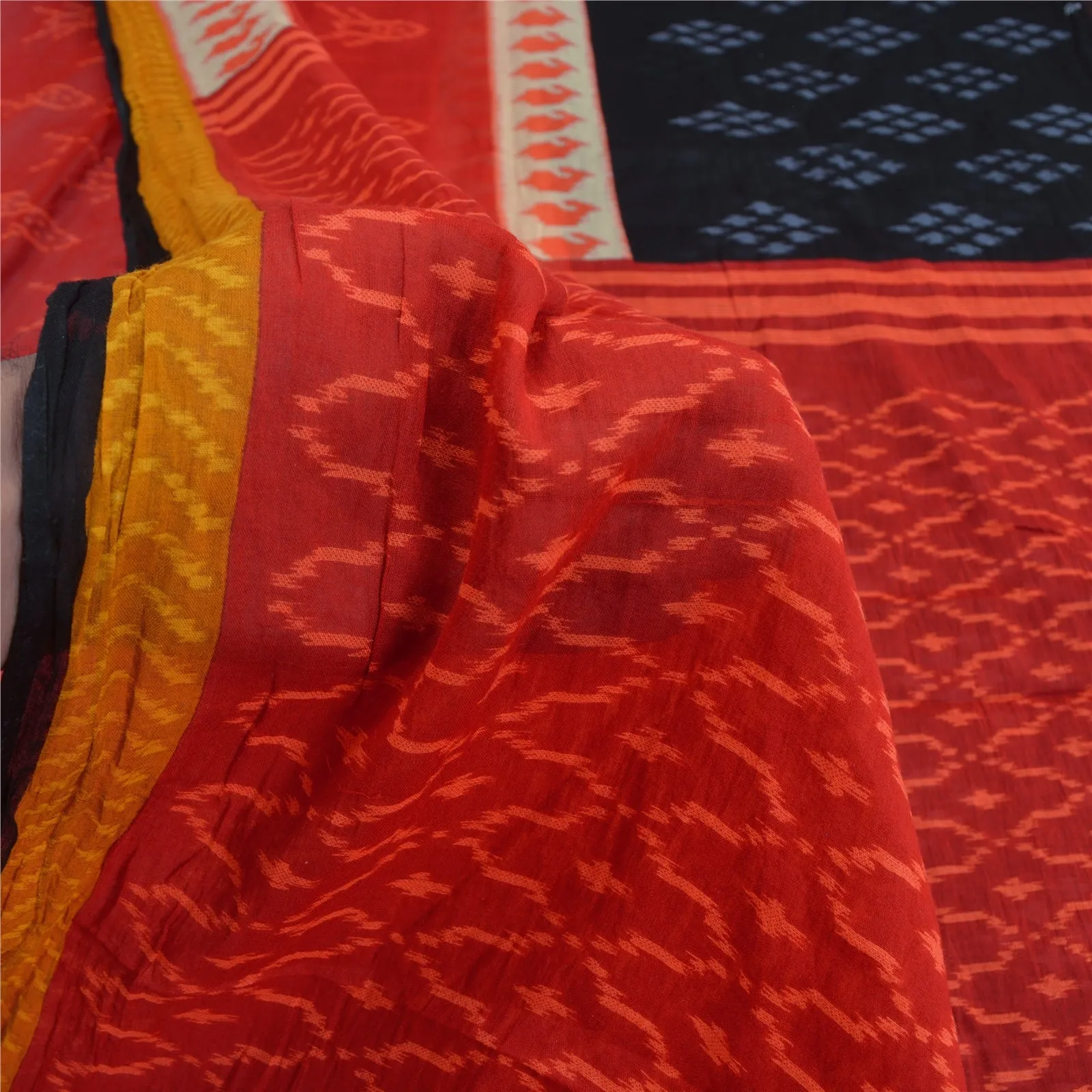 Sanskriti Vintage Sarees Red/Black Pure Cotton Ikat Print Sari 5yd Craft Fabric