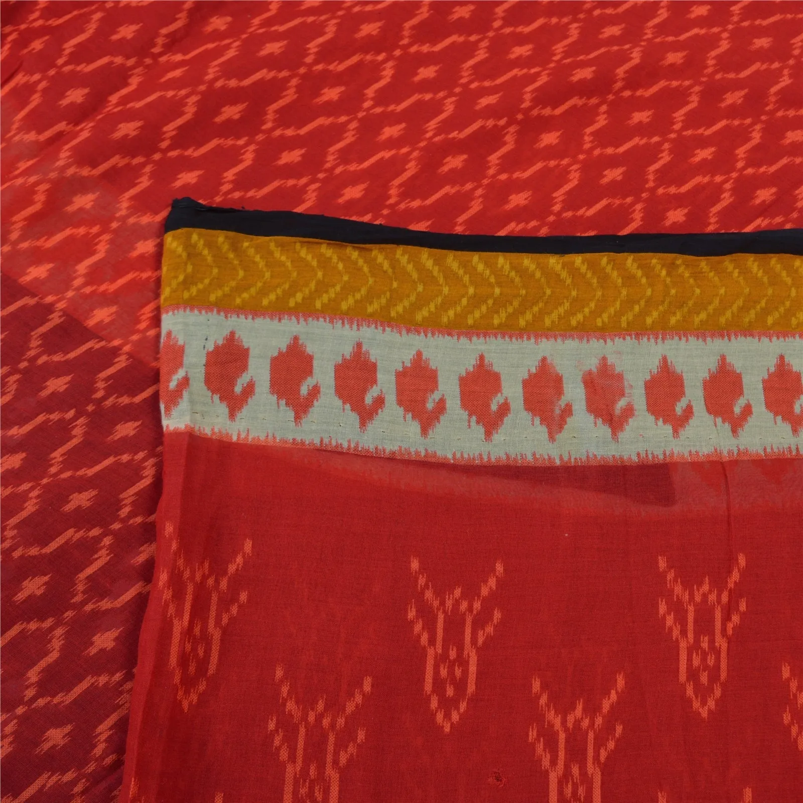 Sanskriti Vintage Sarees Red/Black Pure Cotton Ikat Print Sari 5yd Craft Fabric