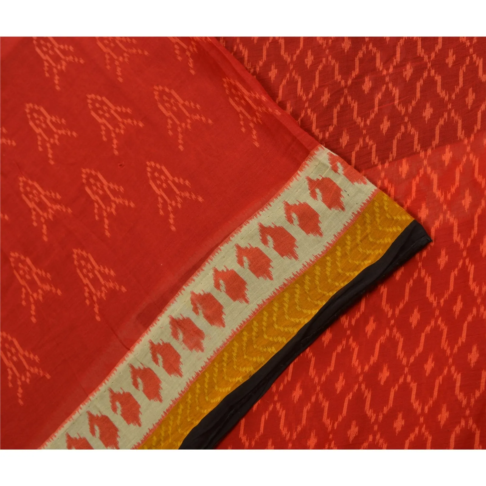 Sanskriti Vintage Sarees Red/Black Pure Cotton Ikat Print Sari 5yd Craft Fabric