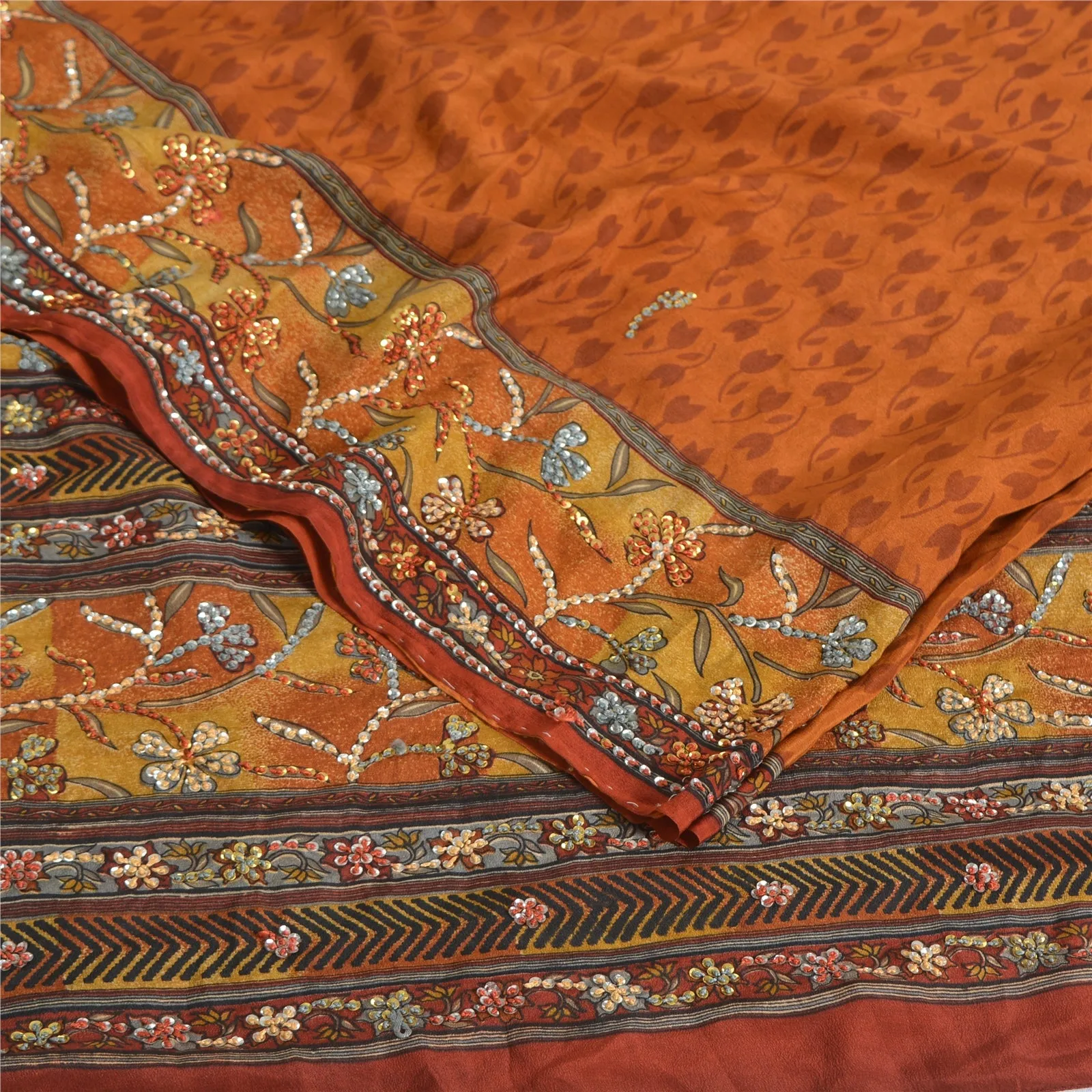 Sanskriti Vintage Sarees Saffron Pure Crepe Hand Embroidered Printed Sari Fabric