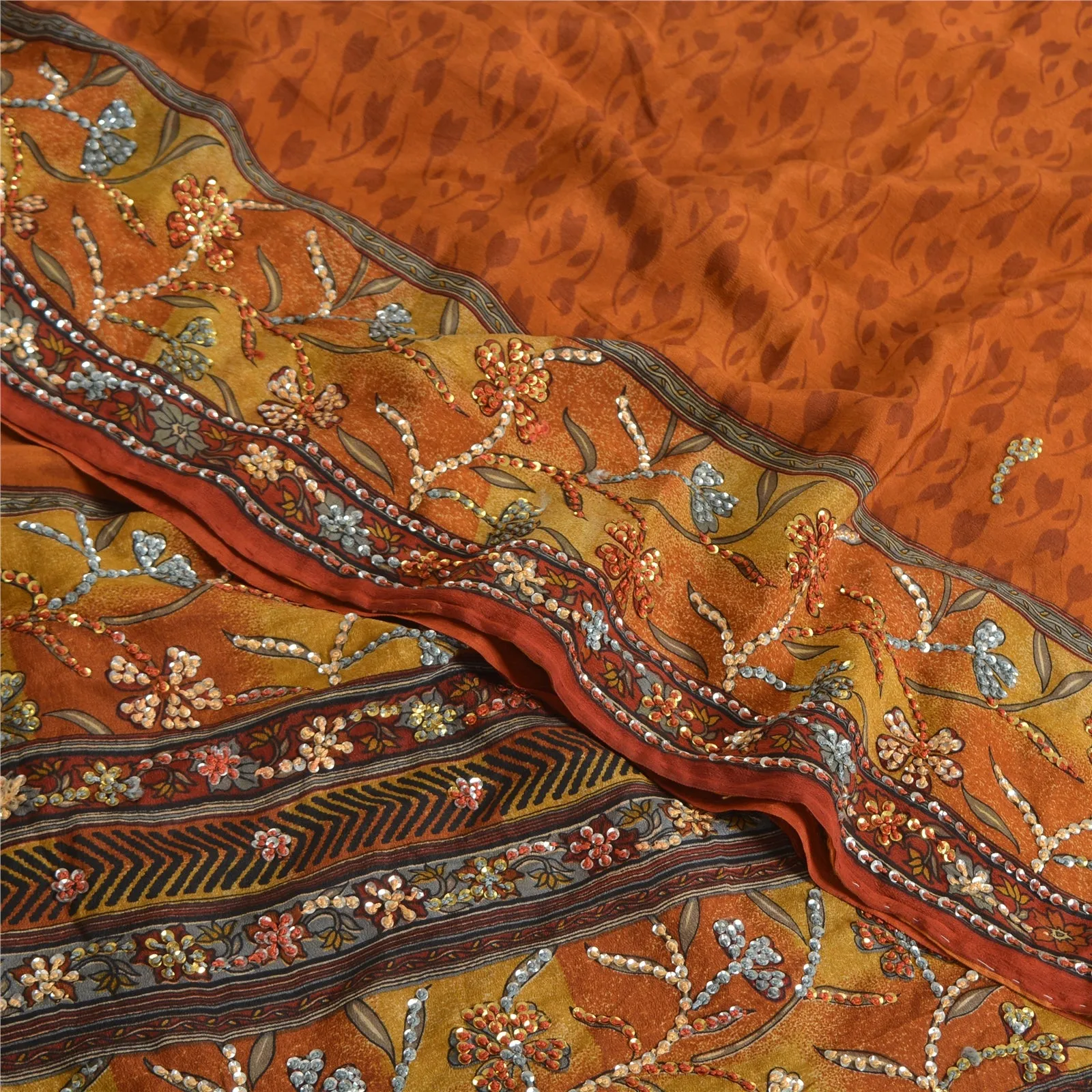 Sanskriti Vintage Sarees Saffron Pure Crepe Hand Embroidered Printed Sari Fabric