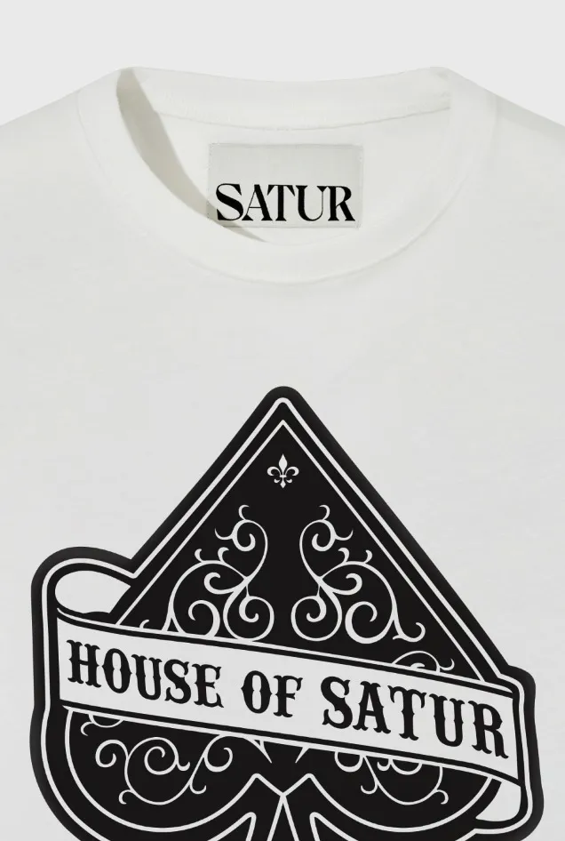 SATUR  |Unisex U-Neck Cotton Oversized Logo T-Shirts