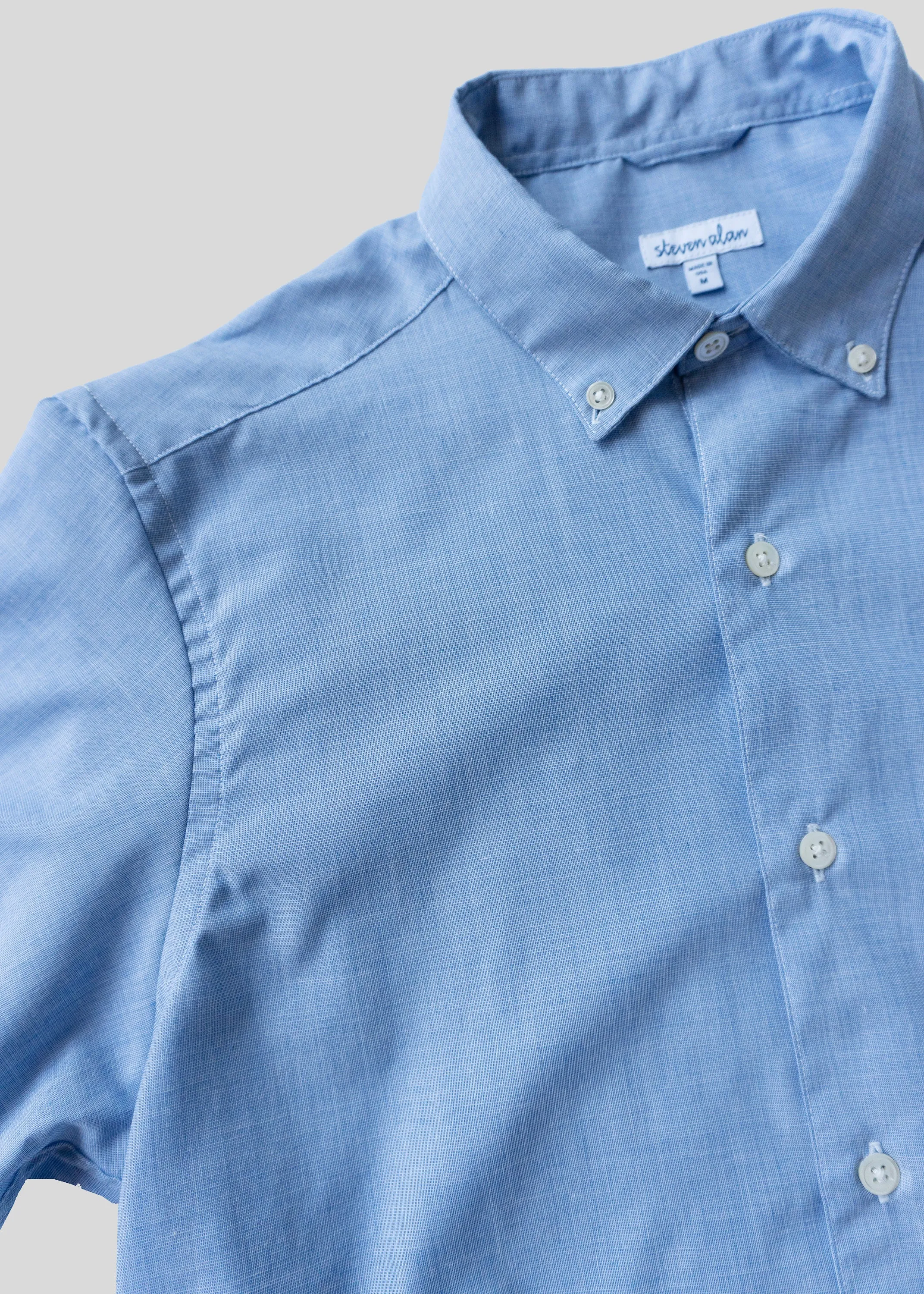 Short Sleeve Single Needle Shirt, Light Blue end on end