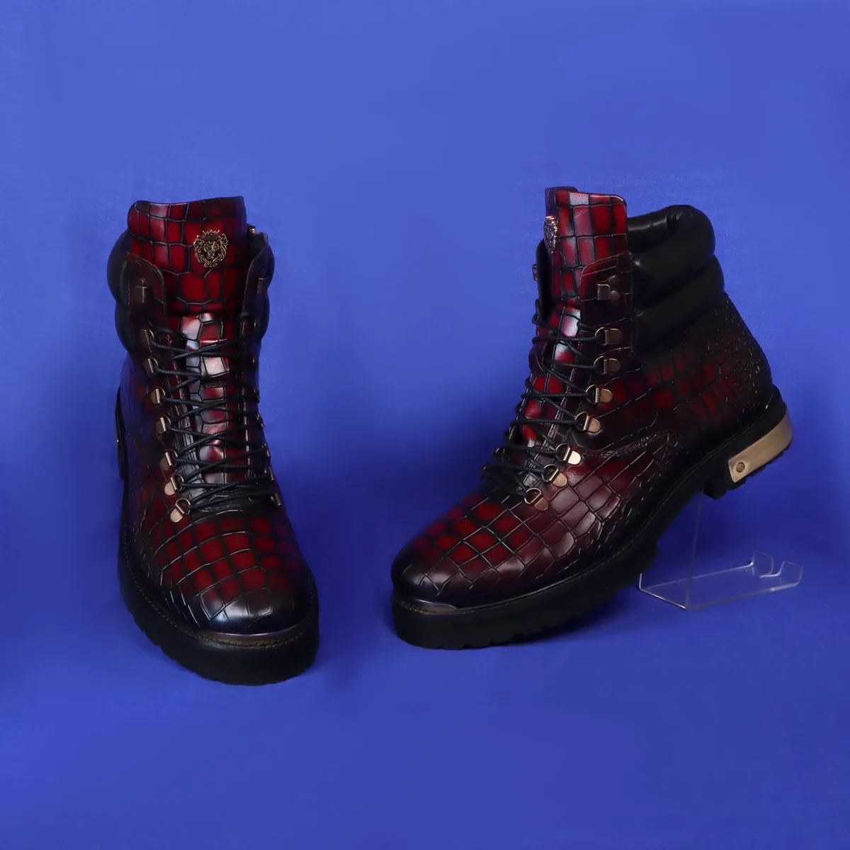 Smokey Wine Chunky Boot With Golden Metal Plate Croco Textured Leather Lace-up Closure