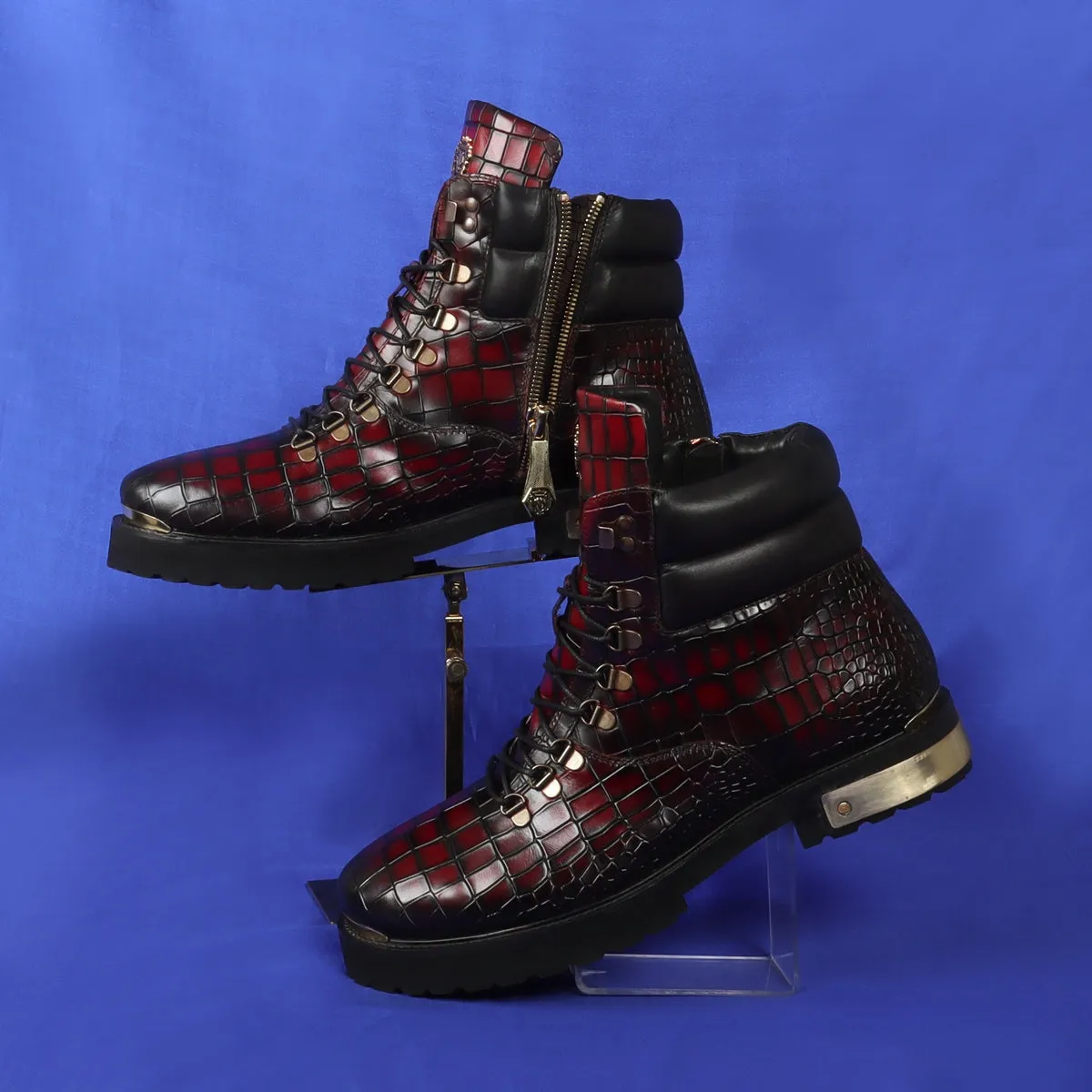 Smokey Wine Chunky Boot With Golden Metal Plate Croco Textured Leather Lace-up Closure