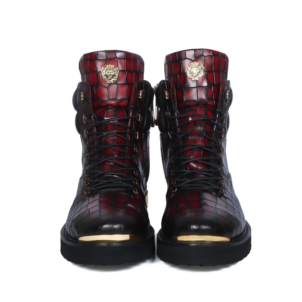 Smokey Wine Chunky Boot With Golden Metal Plate Croco Textured Leather Lace-up Closure