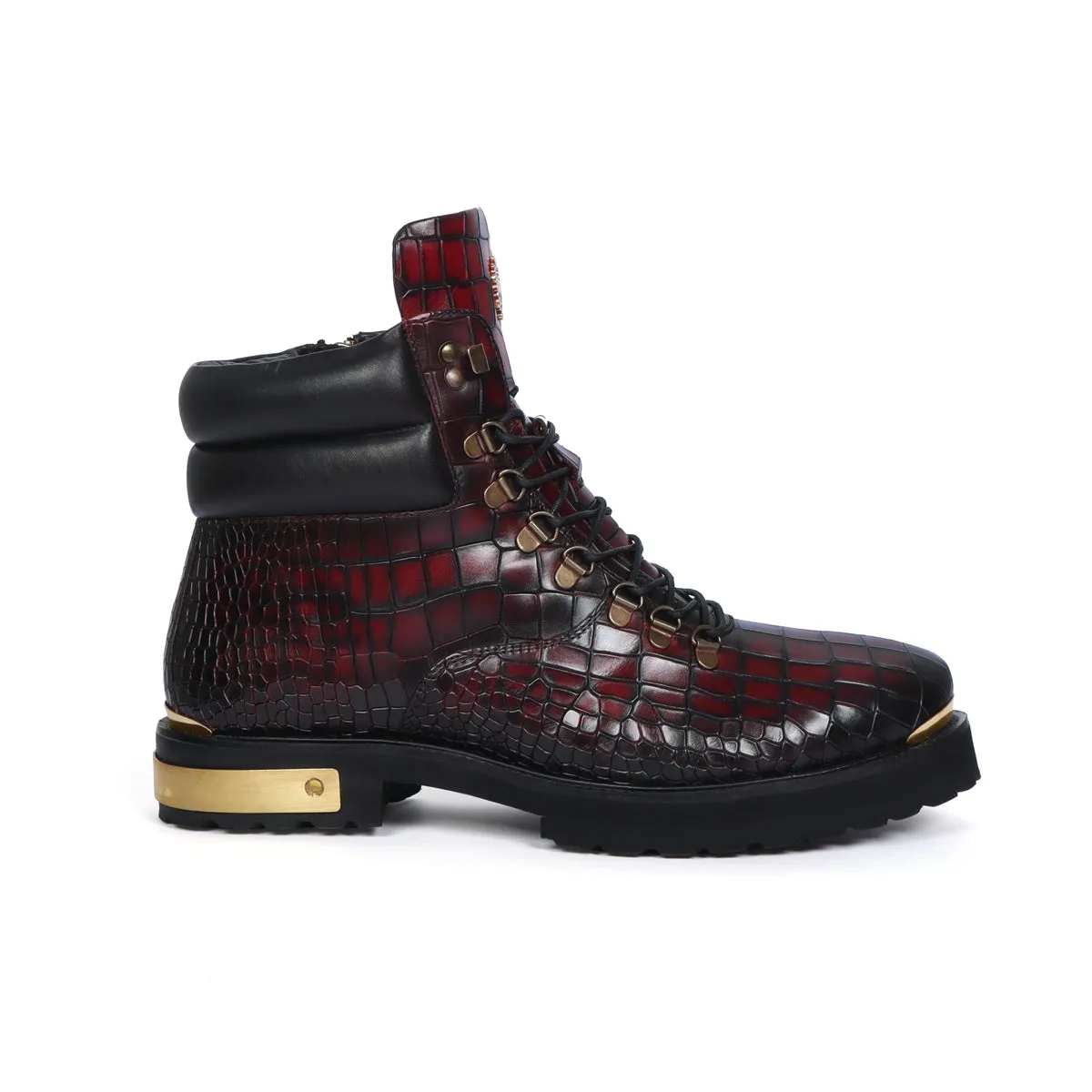 Smokey Wine Chunky Boot With Golden Metal Plate Croco Textured Leather Lace-up Closure