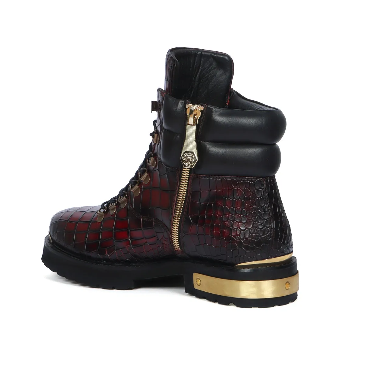 Smokey Wine Chunky Boot With Golden Metal Plate Croco Textured Leather Lace-up Closure