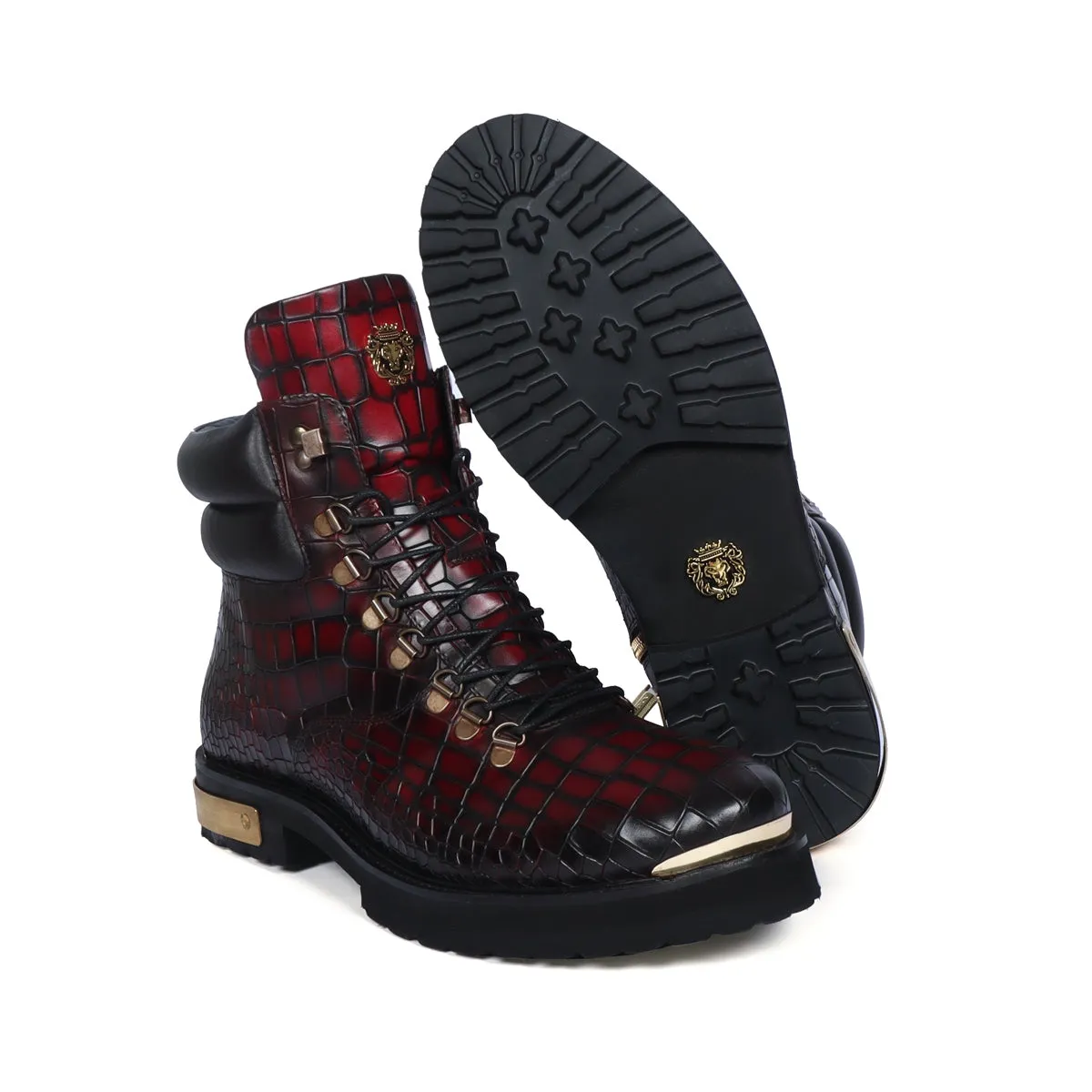 Smokey Wine Chunky Boot With Golden Metal Plate Croco Textured Leather Lace-up Closure