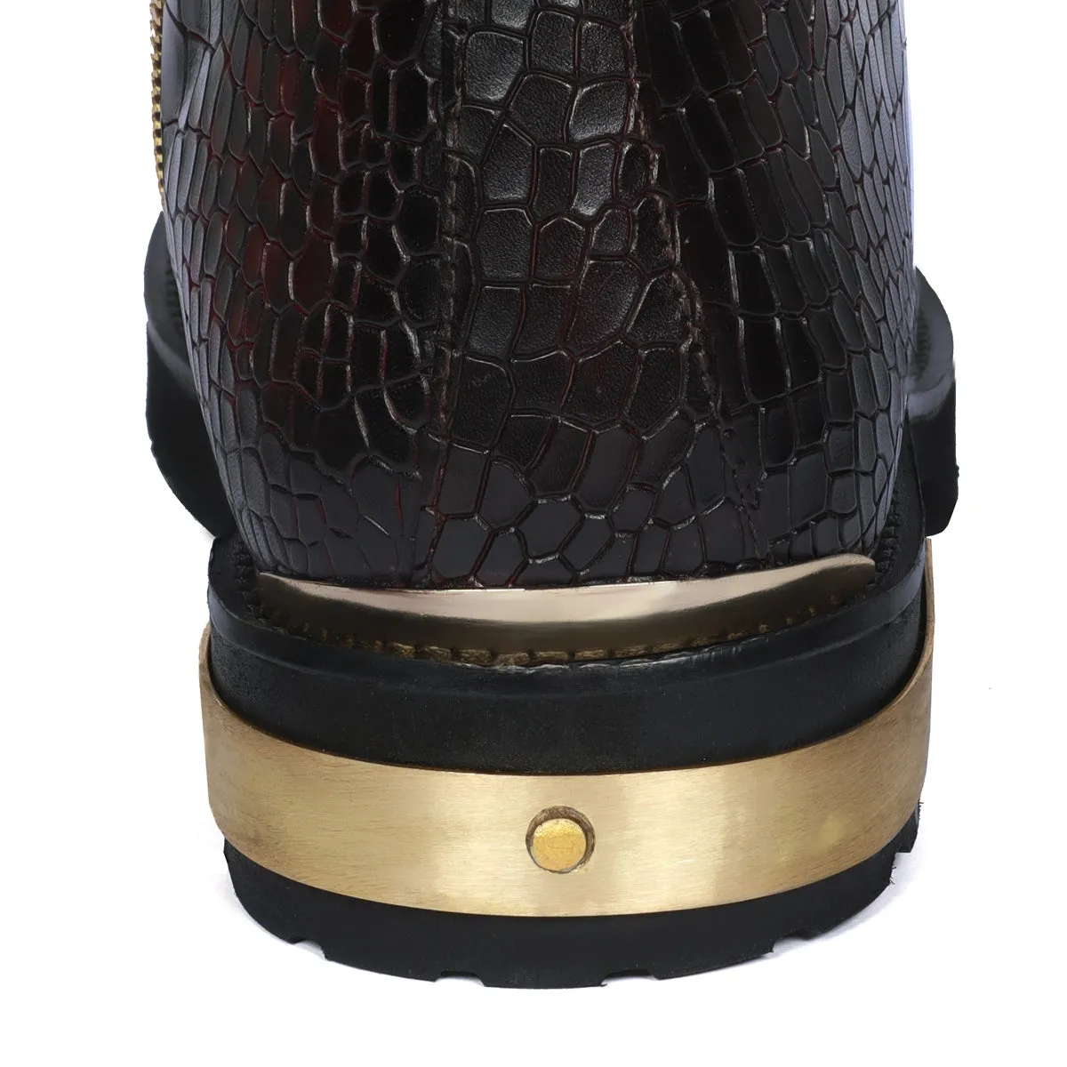 Smokey Wine Chunky Boot With Golden Metal Plate Croco Textured Leather Lace-up Closure