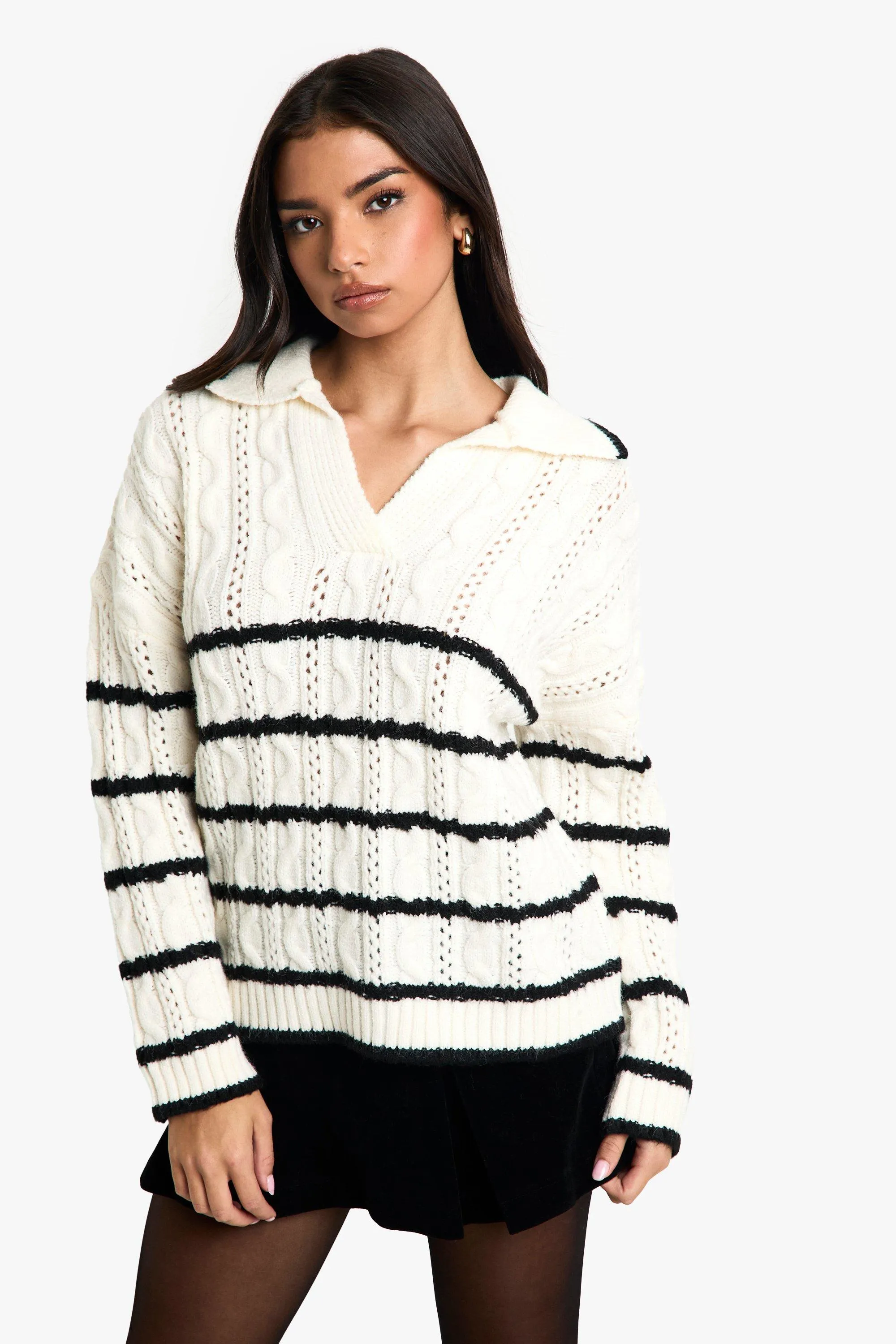 Soft Knit Cable Stripe Polo Collar Sweater