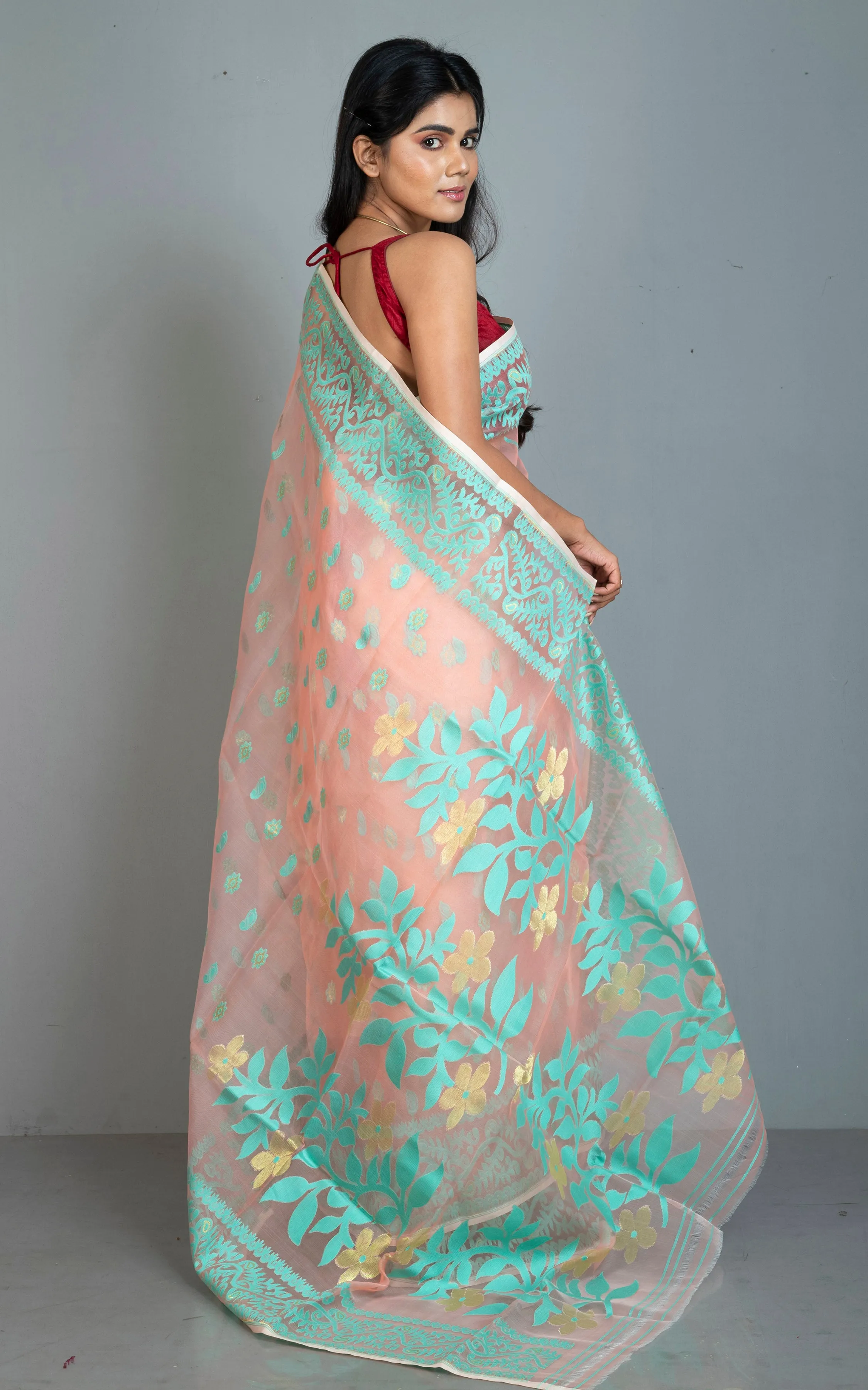 Soft Muslin Silk Jamdani Saree in Peach, Bright Aqua and Water Golden Zari Work