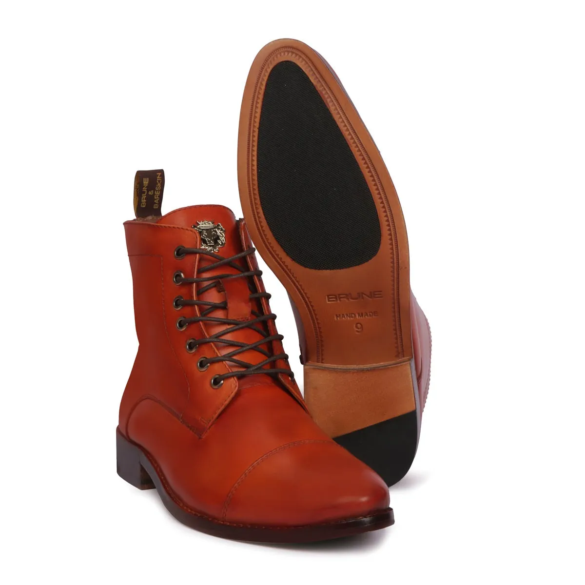 Stitched Cap Toe Tan Leather Boot with Lace-Up Zip Closure by Brune & Bareskin