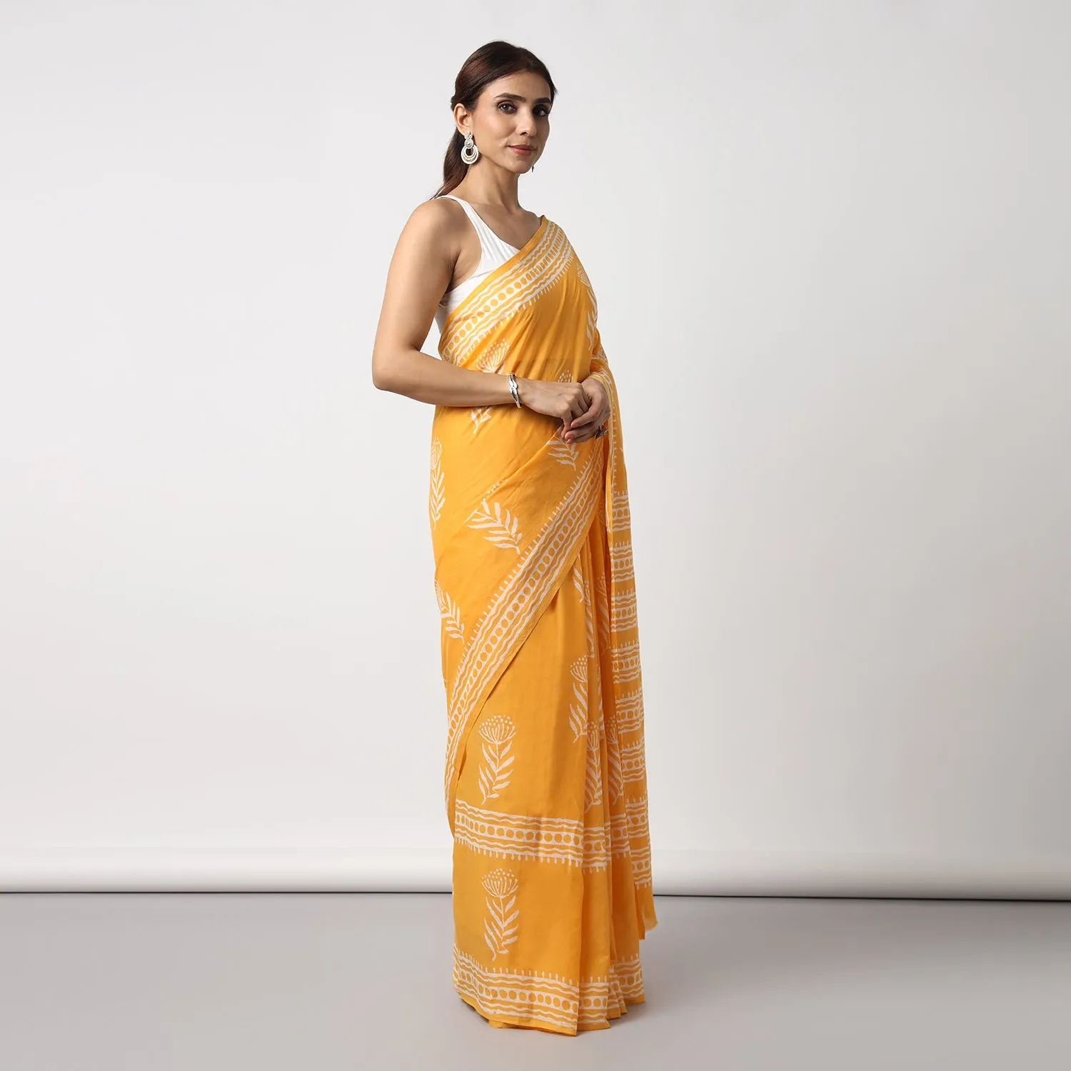 Sunshine Swirl - Yellow Haldi Hand Block Print Mulmul Cotton Bagru Saree